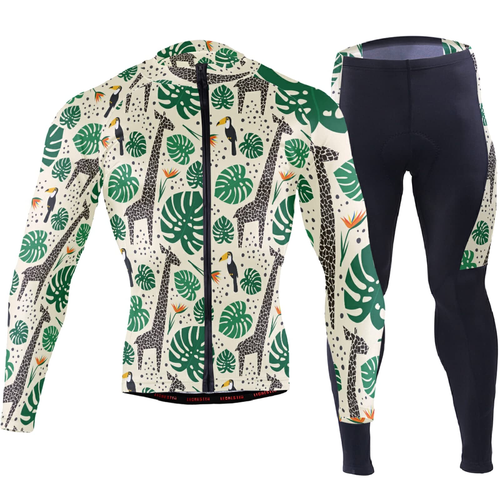 Seamless Jungle Animals Giraffe, Toucan, Tropical Plants Palm Leaves Men Cycling Jersey Clothes Long Padded Pants Sets Quick Dry Bike Riding Shirts Clothes Long Sleeve Outfit Full Zipper Jacket(2XL)