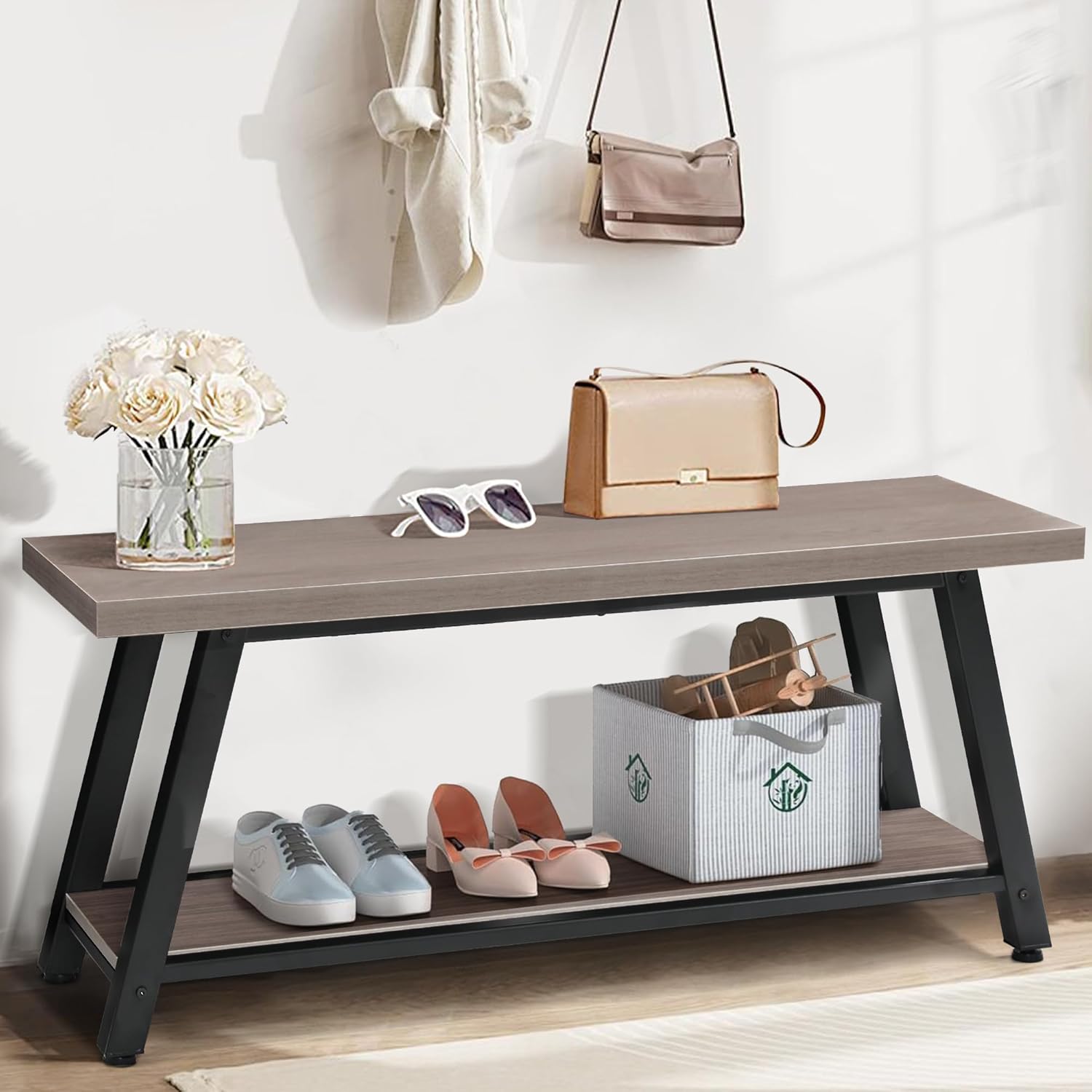35" Wood Shoe Rack for Entryway, Shoe Bench with Storage and Padded Cushion Seat, Bench Organizer, Ideal for Foyer, Mudroom, Hallway, or Bedroom, Rustic Brown and Black