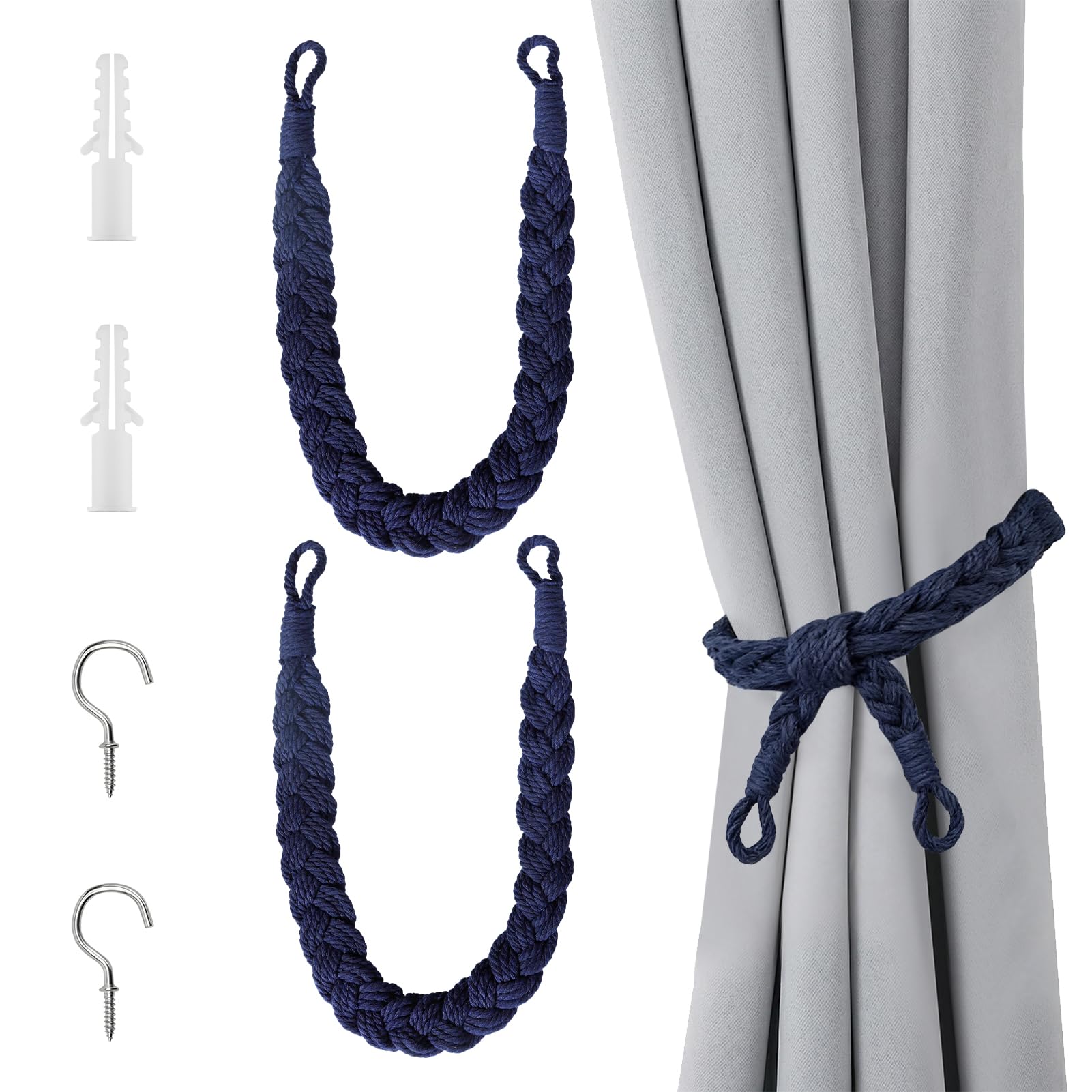 Curtain Tie Backs 2 PCS, Handcrafted Woven Cotton Curtain Tiebacks with Hooks, Soft Rope Curtain Ties for Window Drapes Home & Office Decoration