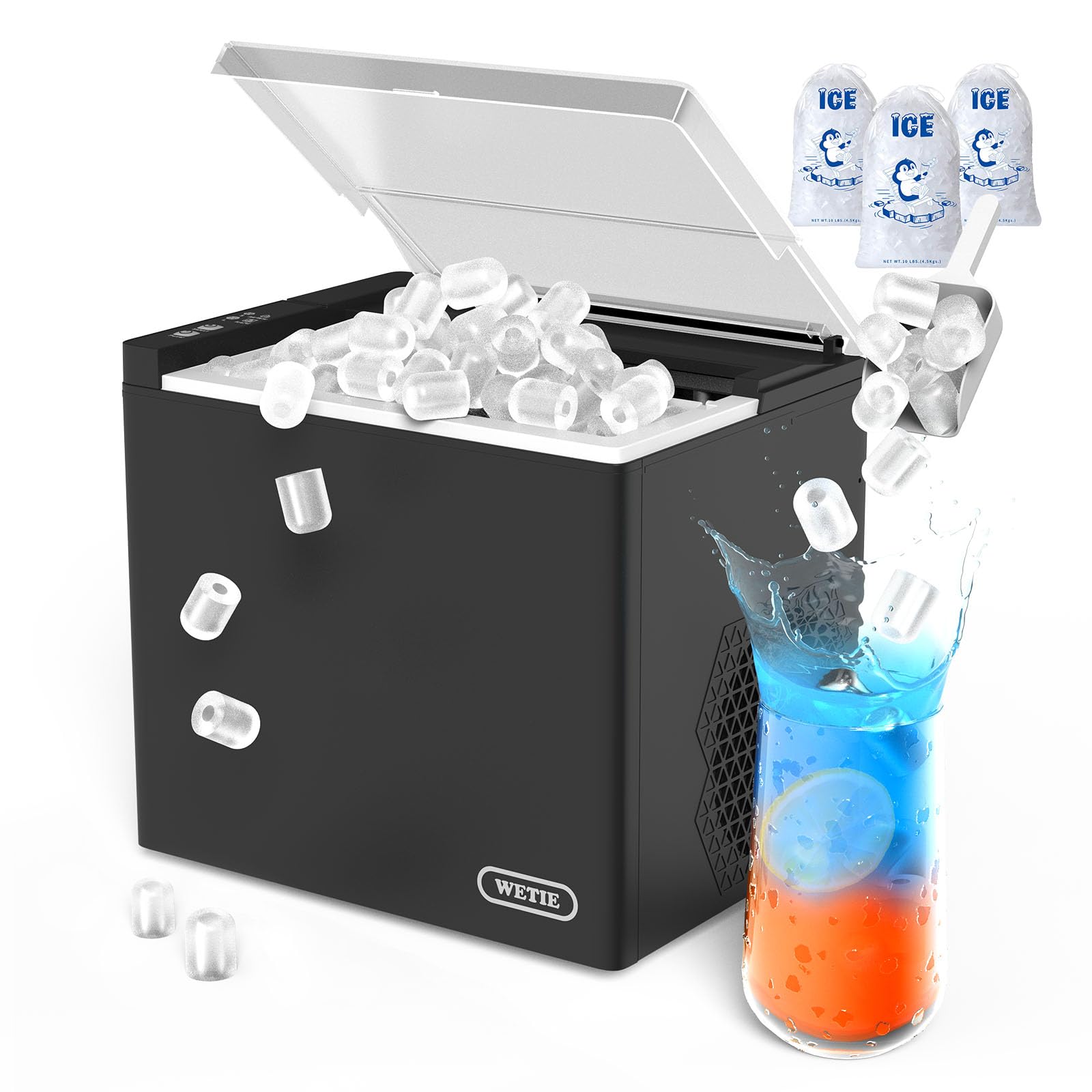 wetie ice maker countertop, 9 bullet ice cubes in 6 minutes, 26lbs/24hrs with 2 sizes, portable ice machine with basket, scoop and ice pack, compact ice maker for home, kitchen, camping, party