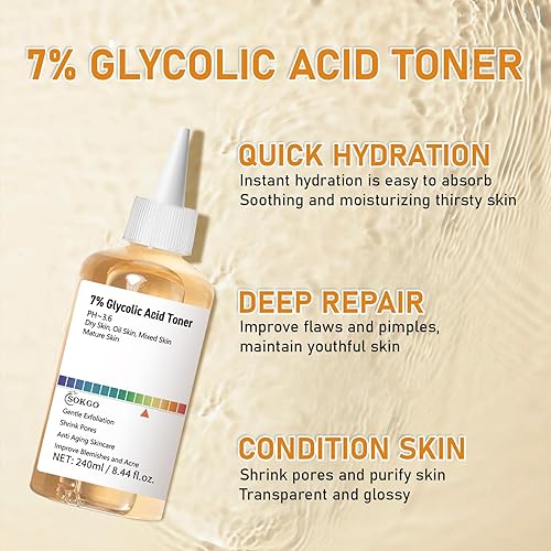 Miniatura 4 de Tónico exfoliante de ácido glicólico al 7%, tónico facial exfoliante, tóner minimizador de poros, piel suave, tono uniforme, fórmula hidratante