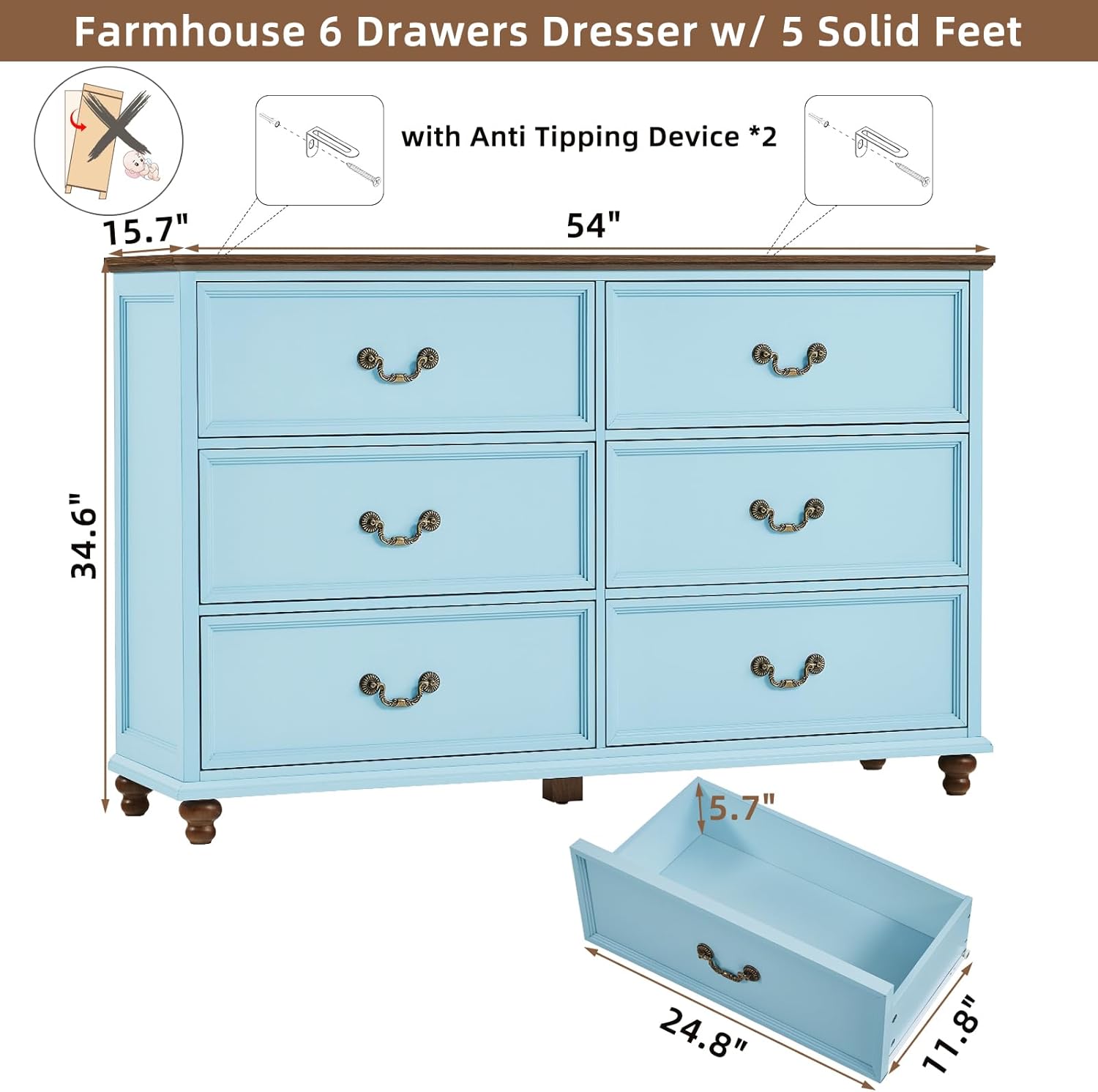 Diagram showing the dimensions of the Joaxswe Farmhouse 6-Drawer Dresser, including width, depth, and height, with an inset showing drawer dimensions.