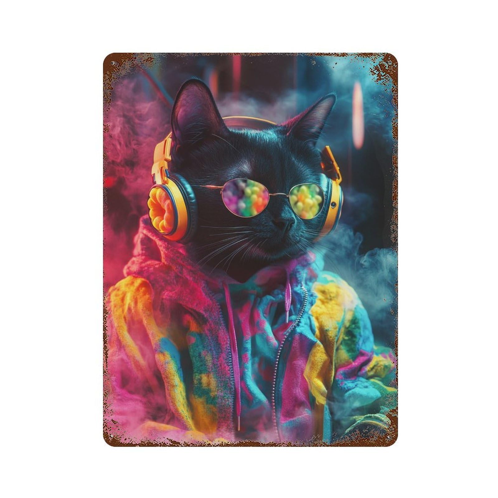 Stylish Cat in Neon Jacket 15.7"x11.8" Vintage Rust Metal Sign, Novelty Wall Decor for Living Room, Hallway And Home Decor