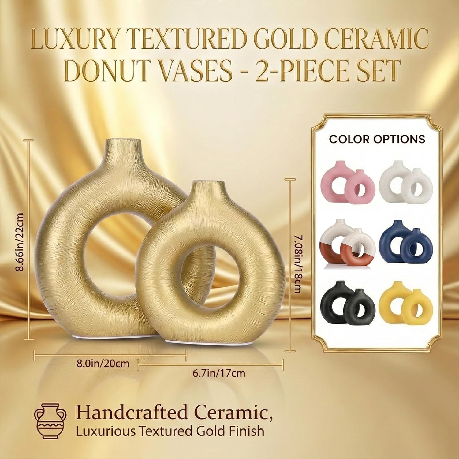 Gold Vase Decor Donut Vase Set of 2 - Circle Hollow Vases, Modern Matte Ceramic Vases for Entryway Living Room Bedroom Dining Table Centerpiece Office Home Decor