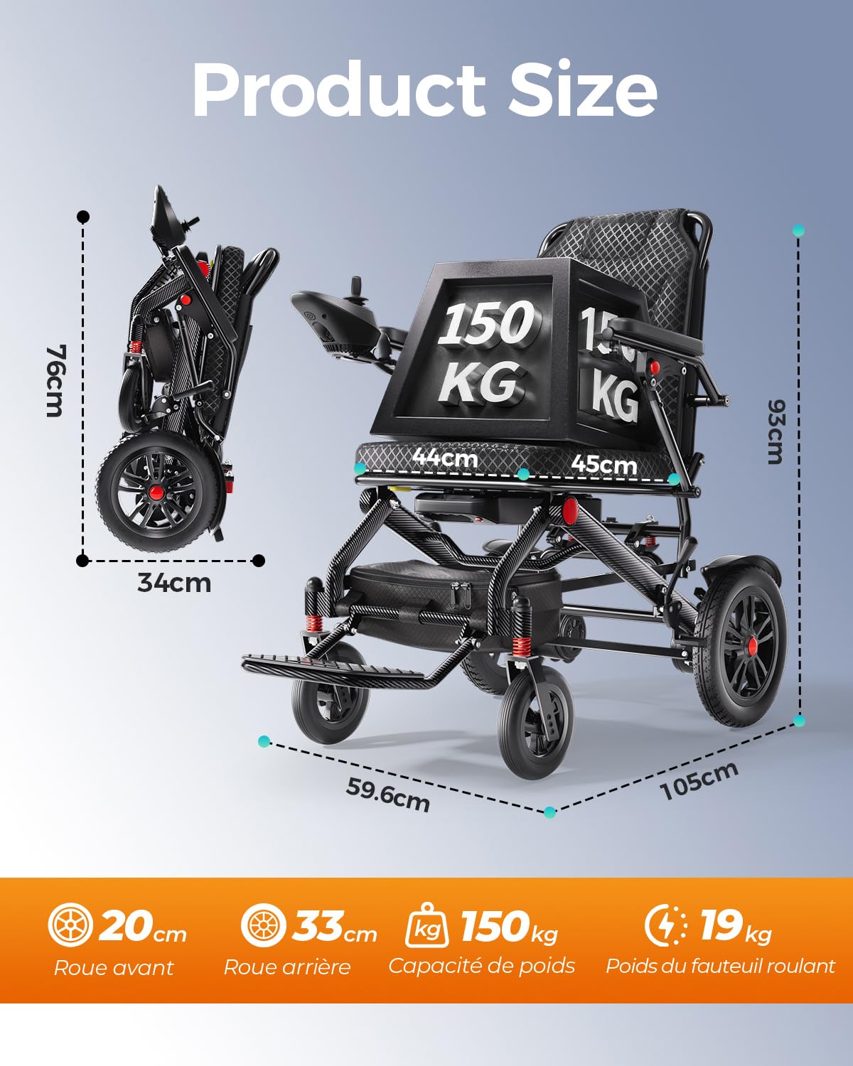 19KG Fauteuil Roulant Electrique Pliable, Leger, pour personnes âgées | Ultra léger alliage d'aluminium, Handicapé Adulte, Batterie Lithium 20Ah, autonomie 25 km, charge 150 kg, moteur 500 W