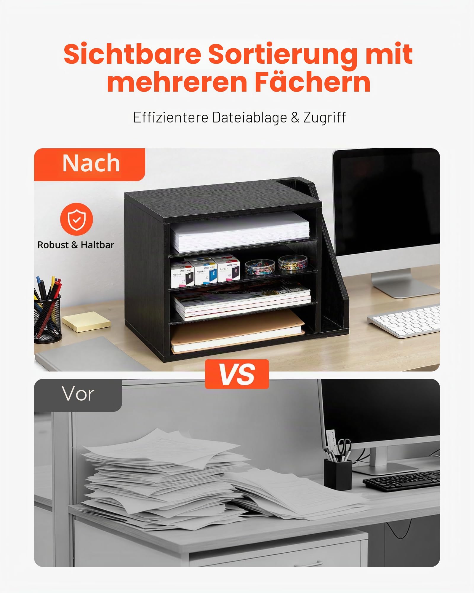 VEVOR Briefablage mit 4 Fächern & Herausnehmbaren Regalböden, Dokumentenablage aus Holz mit Stehsammler, Aktenhalter für Büro Klassenzimmer, Literaturorganizer für Akten Dokumenten Papier, Schwarz