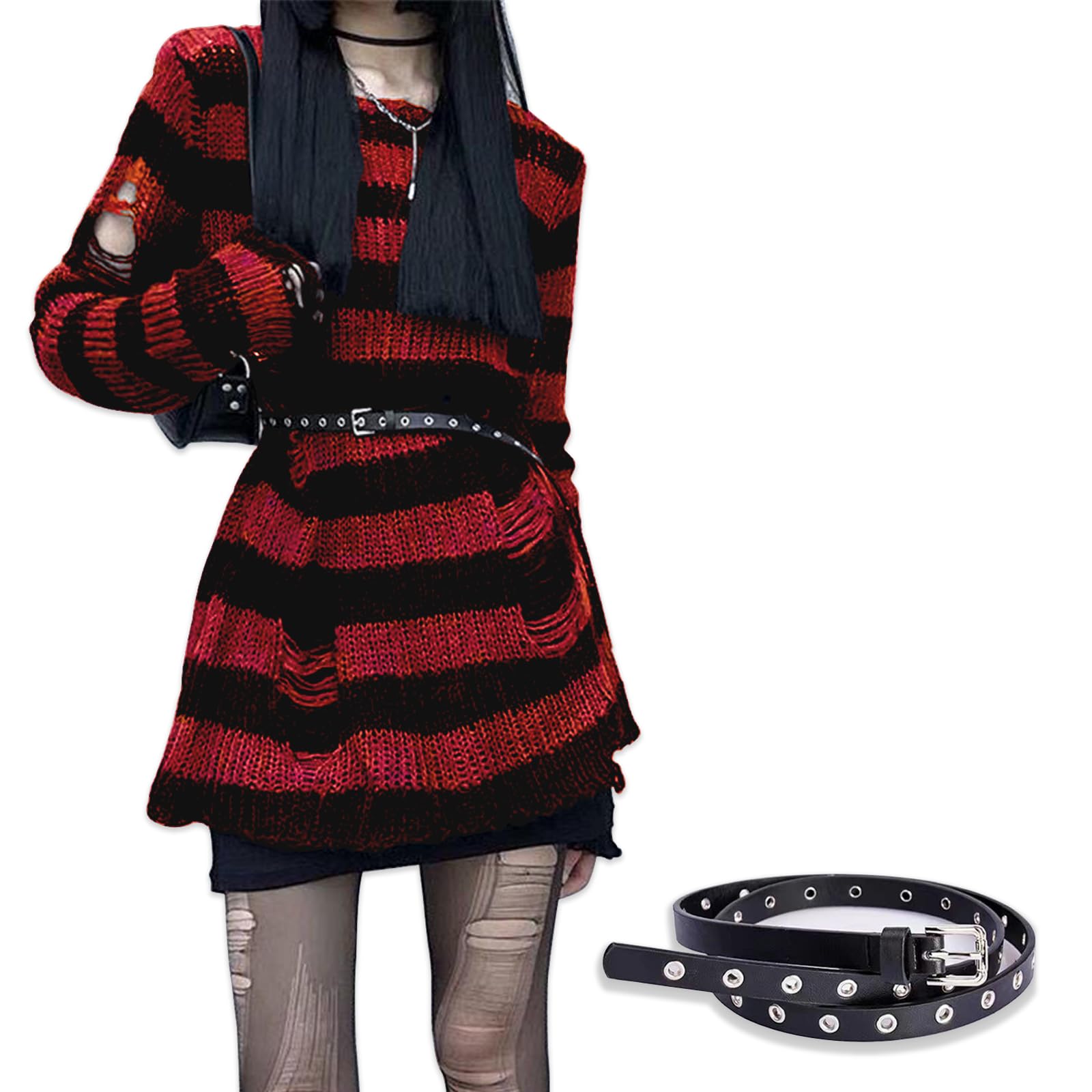 Goth Y2K Striped Sweater with Belt Ripped Punk Gothic Long Sweaters Grunge Distressed Halloween Pullover Tops for Women
