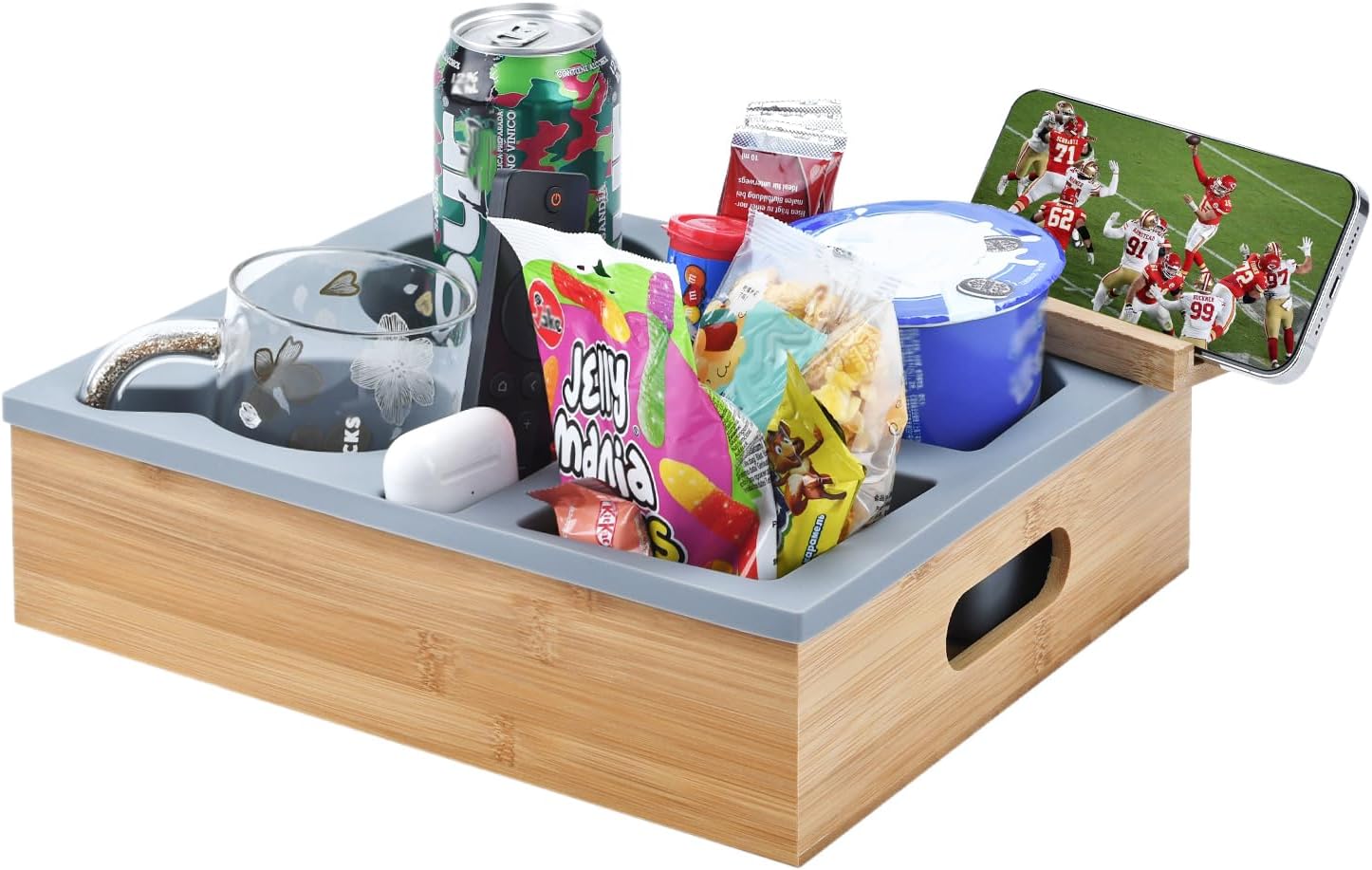 Couch Cup Holder with Sturdy Bamboo Bottom Tray and Anti-Spill Washable Silicone Liner for Eating on Couch or Bed, TV-Watching Food Snack Trays with Drinks Cup Holder TV Remote Holder (Grey)