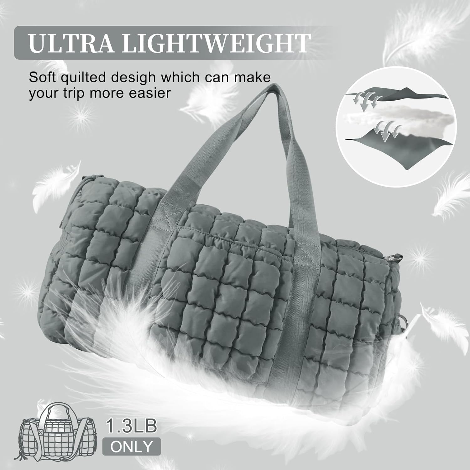 Quilted Travel Duffle Bag Gym Bag for Women,Large Puffer Duffle Weekender Bag with Compartment,Workout Overnight Carry on Organizer Bag Duffle Bag for Airplane Travel(Grey) - Image 8