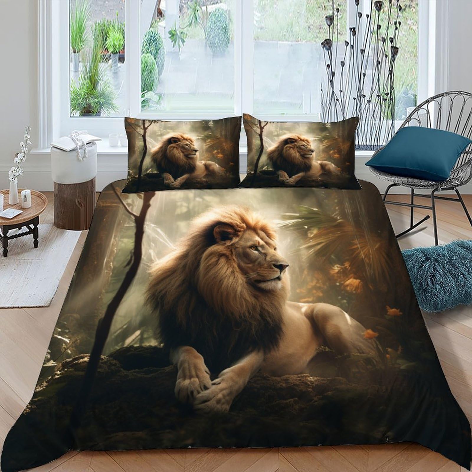 Lit king size exotique avec la housse de couette Jungle Lion 220x240cm imprimée animaux sauvages