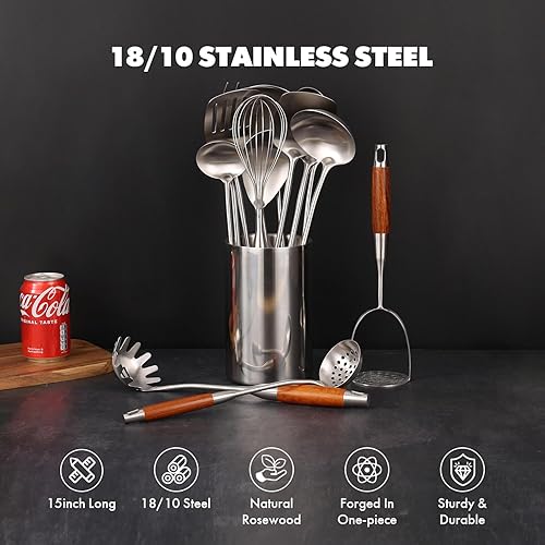 Miniatura 4 de Juego de utensilios de cocina de acero inoxidable 1810 con mango de madera, 14 herramientas de cocina de metal y utensilios para servir, juego de