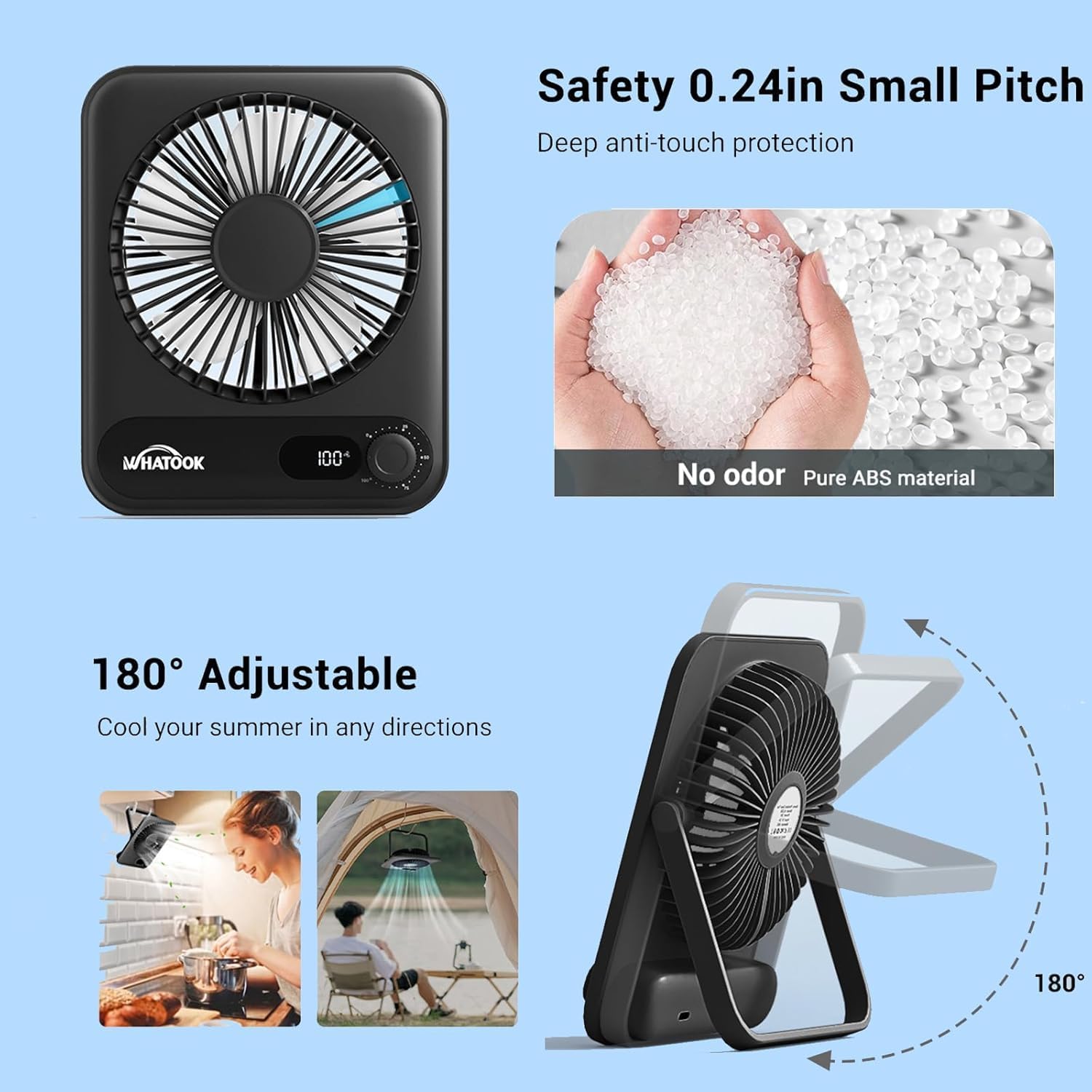 WHATOOK Small Desk Fan Personal Fans: 5000mah 25 Hours Battery Office Quiet Mini Desktop Fan Portable Rechargeable Travel Essentials (Black, 2000 mAh) - Image 5