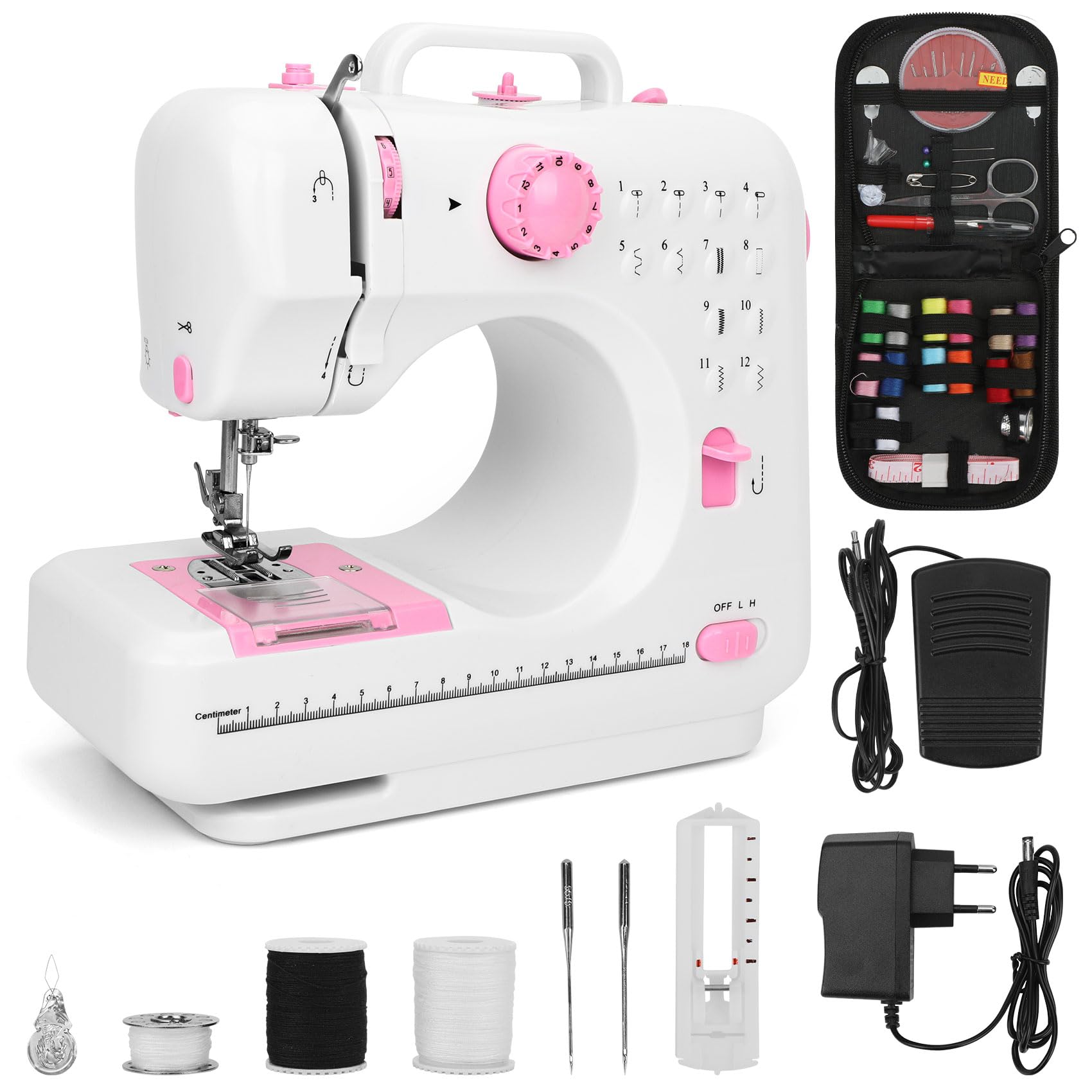 Mini Nähmaschine für Anfänger mit 12 Stichen, LED Licht, Rückwärtsnähen, automatischem Spulen, leiser Motor, kleine Nähmaschine 28x12x24 cm, kompakte kleine Nähmaschine für Zuhause