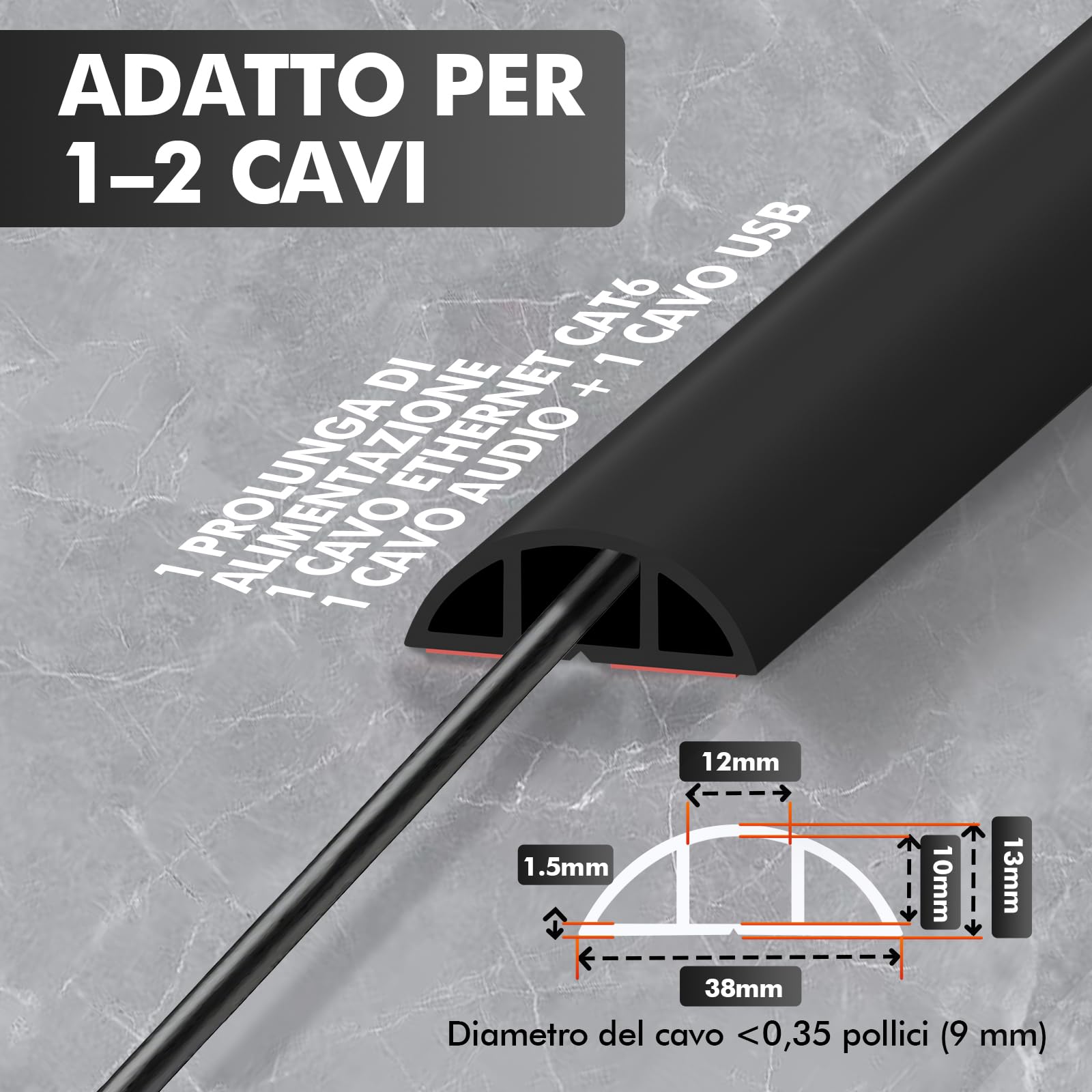 shinfly 1.6m Canalina da Pavimento, Canalina Passacavi Calpestabile Autoadesiva, PVC Canaline, Canaletta per Cavi Elettrici, Adatta per Nascondere i Cavi in Casa — Nero 12mm(L) x 10mm(A)