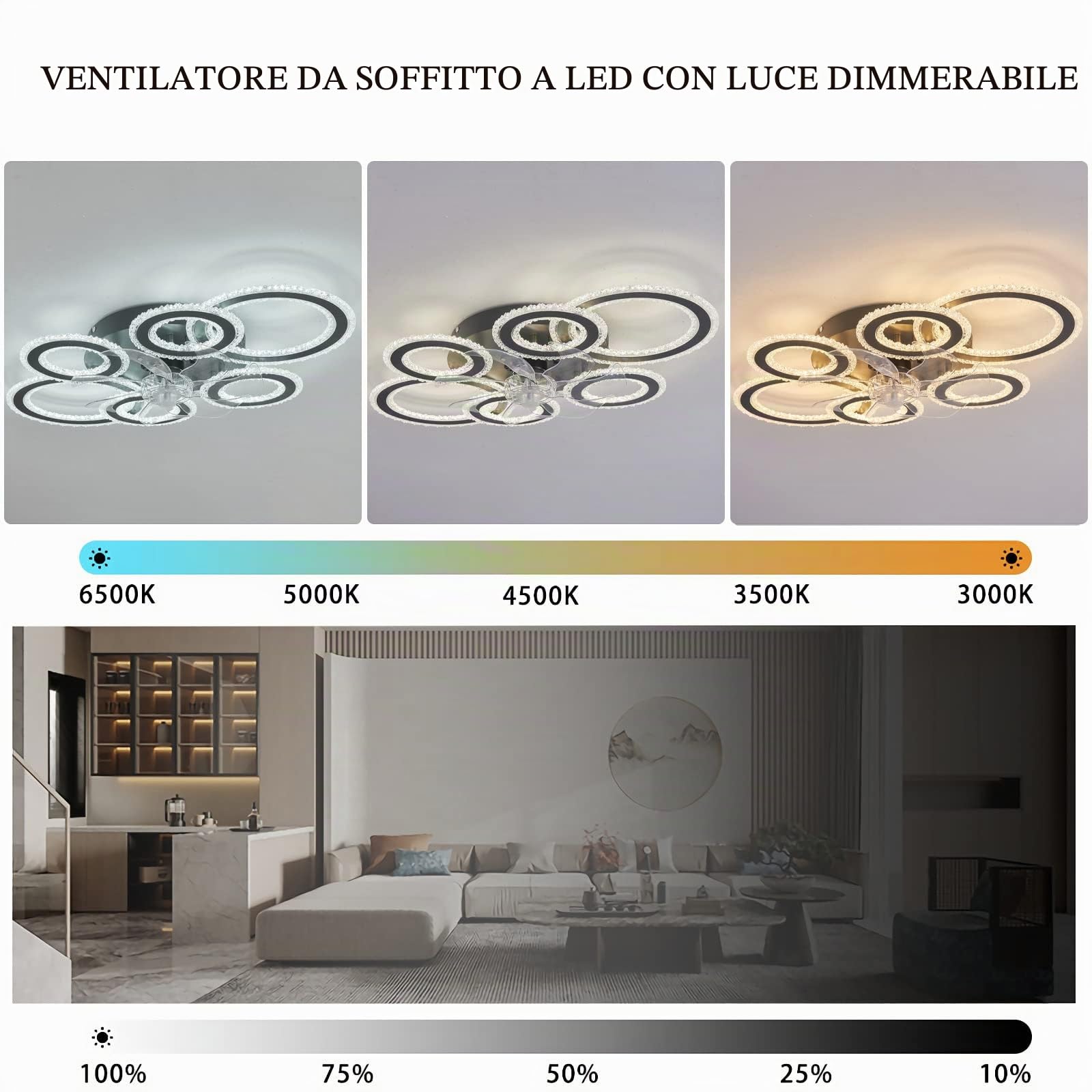 YUNZI Ventilatore Da Soffitto Con Luce E Telecomando, 76CM Lampadari Ventola, Con Luce LED Dimmerabile Per Soggiorno, 6 Velocità, 6 Luci, Reversibile DC Plafoniera Con Ventilatore-White