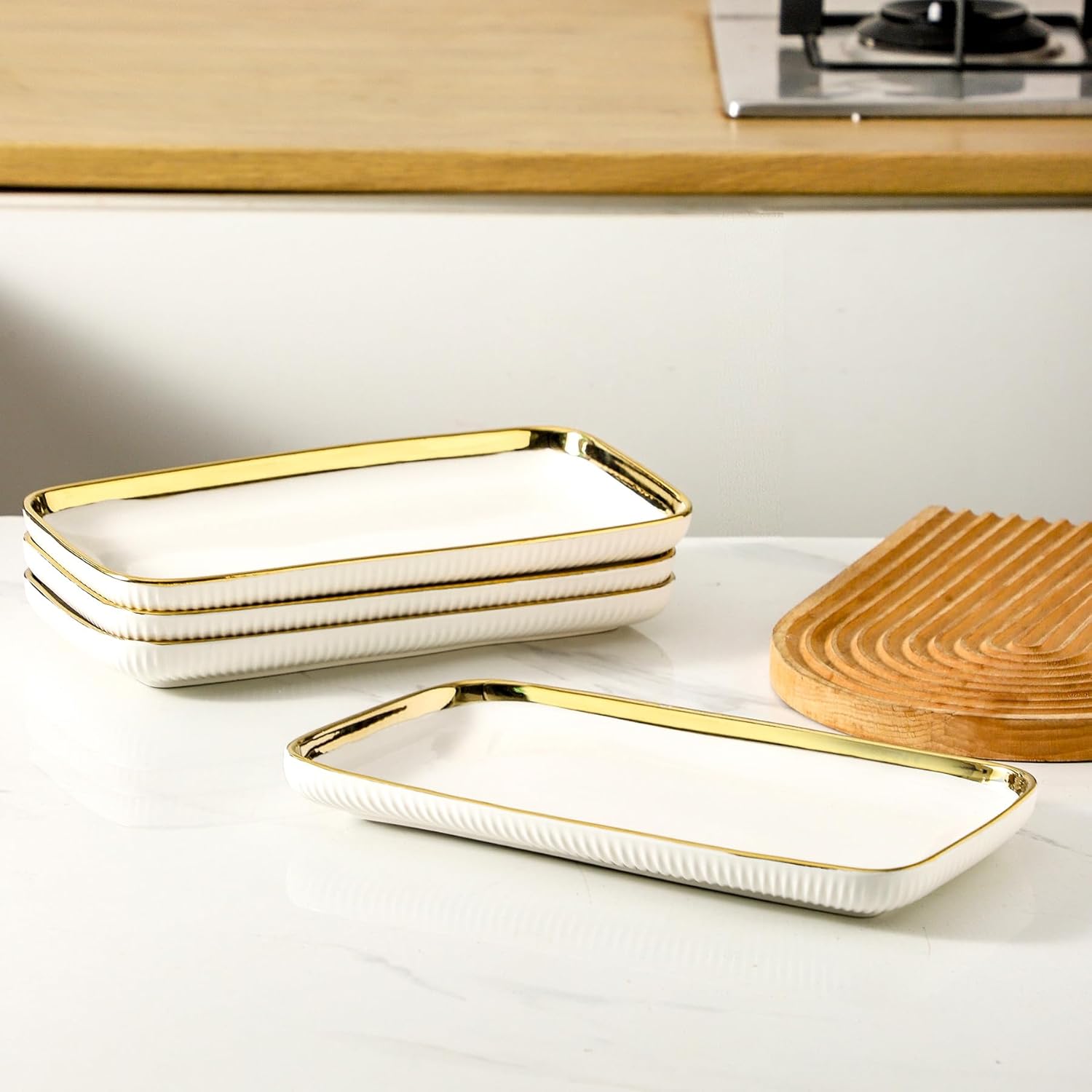 LETAOTAO Serving Platters, Ceramic Serving Platters Set of 4, 12 Inch Rectangular Serving Trays Dishes for Party Entertaining, White Dinner Plates with Gold Trim for Sushi Desserts Appetizers Salad - Image 7