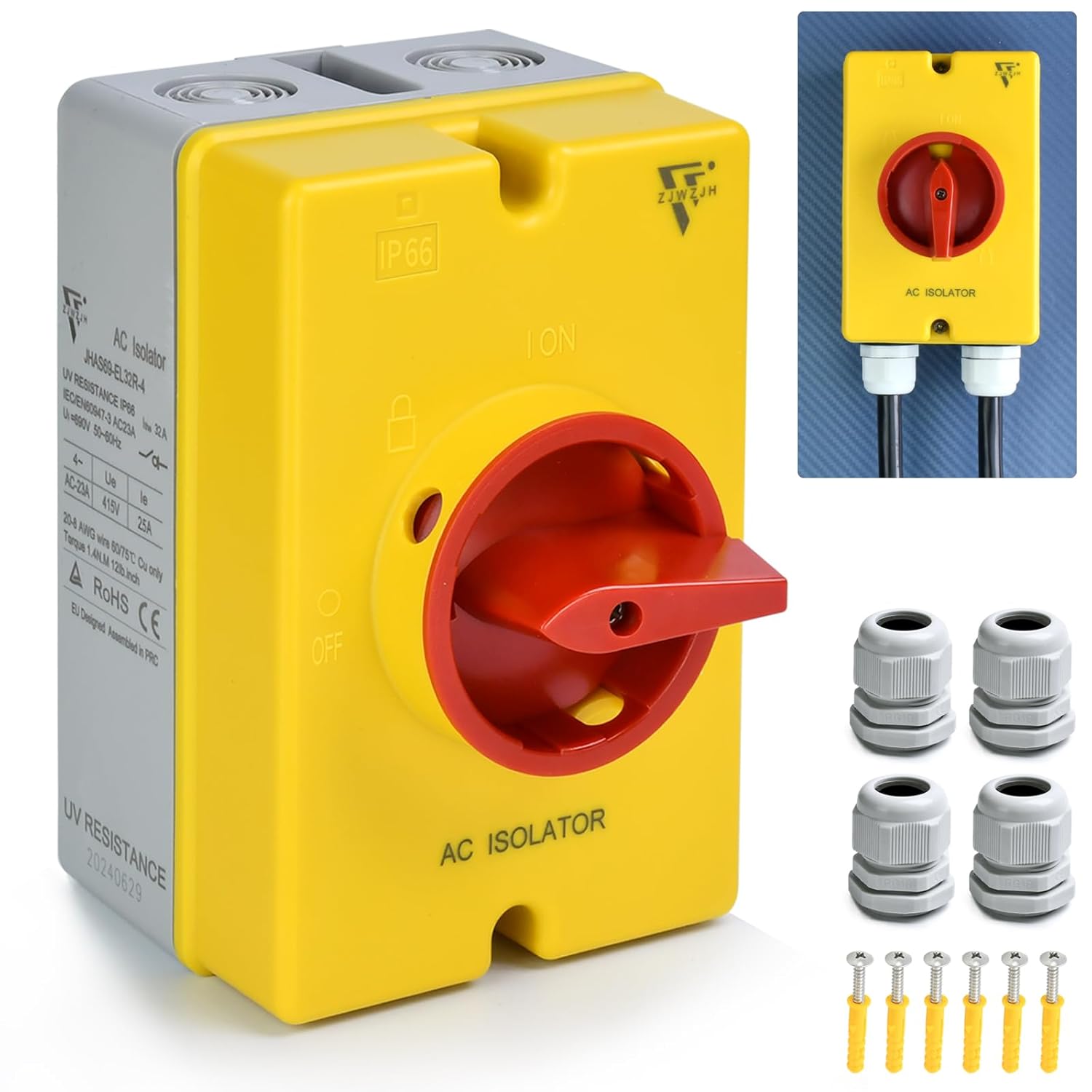 32 Amp Disconnect Switch IP66 Waterproof 690V AC Disconnect 30Amps Electric Switch for Machines On Off Combiner Box 4 Pole for PV Systems