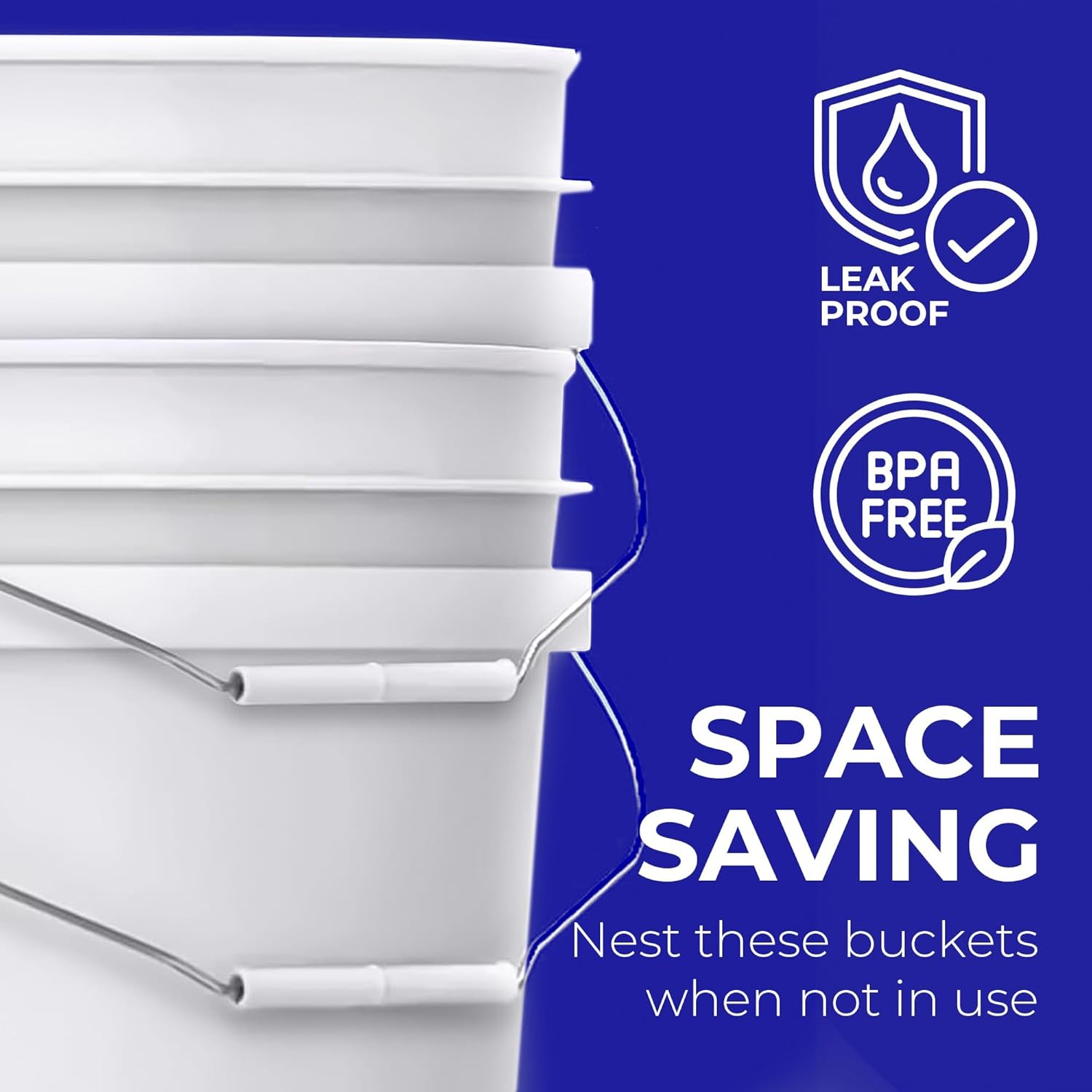 5-Gallon White Bucket Pail Container with Lid | Food Grade | Heavy-Duty 90MIL Extra Durable | Metal Handles with Plastic Grip for Easy Carrying | Multi-Use | Easy Stack and Store | BPA Free - 6 Pack