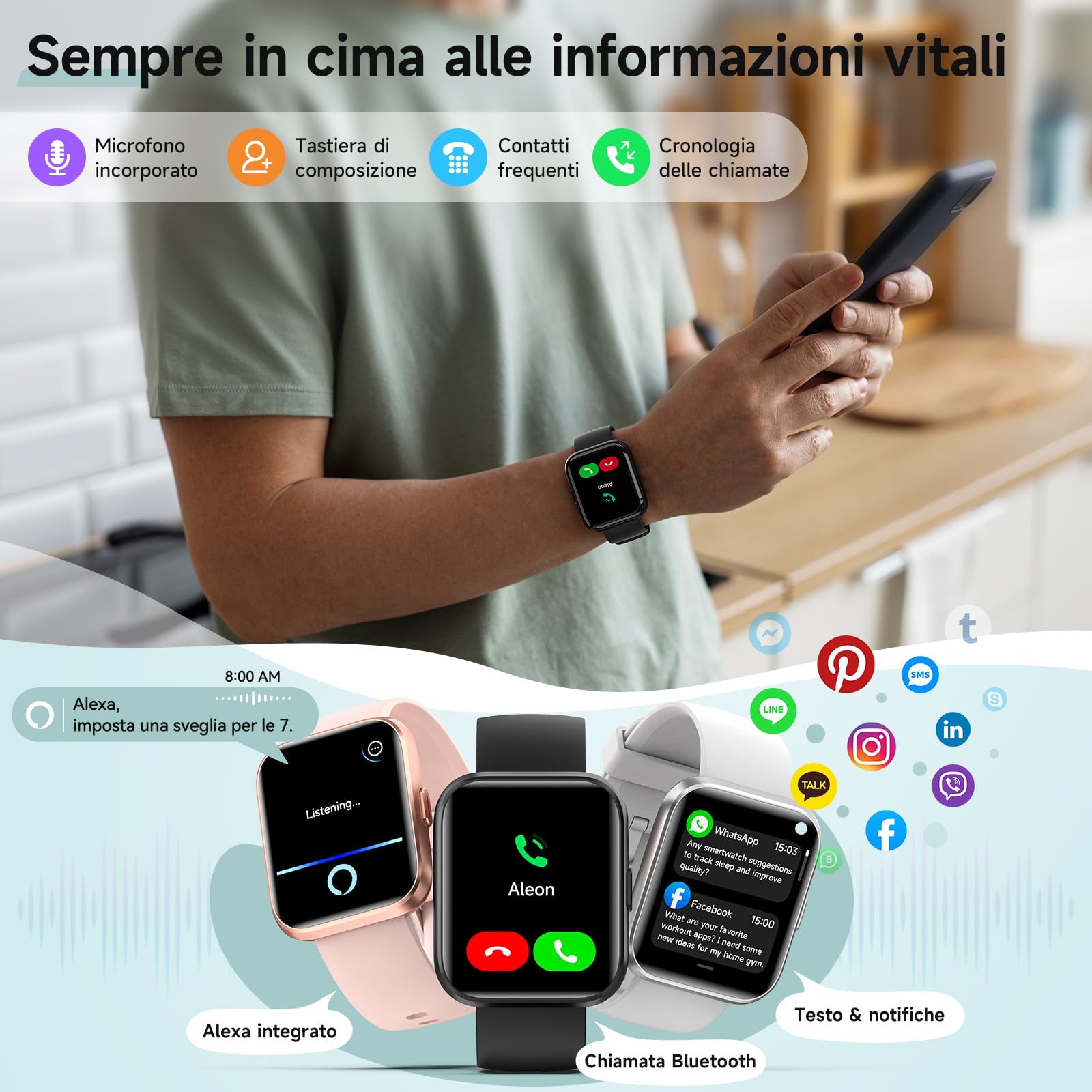 Smartwatch Uomo Donna, Orologio Smartwatch Uomo con Alexa, Effettua/Risposta Chiamate, 1,8" Smart Watch Uomo con 100 Sportive, Cardiofrequenzimetro Sonno SpO2, IP68 Fitness Tracker per Android iOS