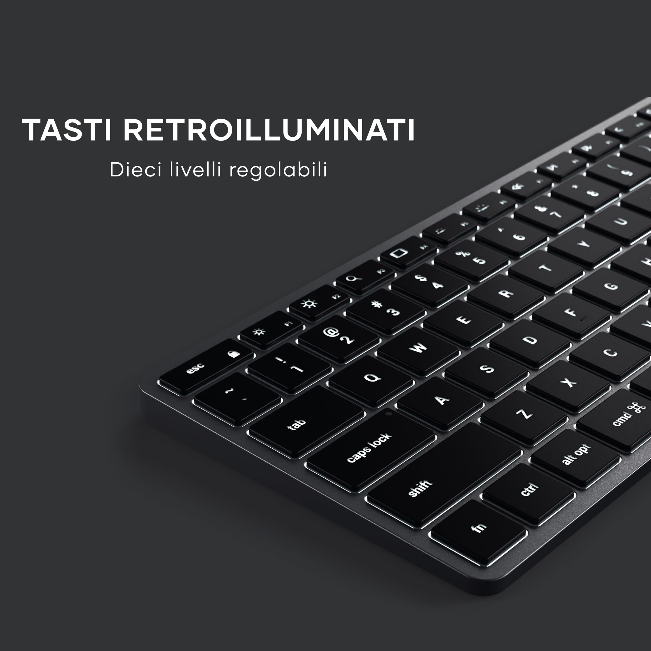 Satechi Tastiera Wireless Slim X2 𝗤𝗪𝗘𝗥𝗧𝗬 𝗨𝗦, Tastiera Bluetooth con Tastierino Numerico, Retroilluminata e Ricaricabile, per Mac, Windows e Android (Grigio, Layout Americano)