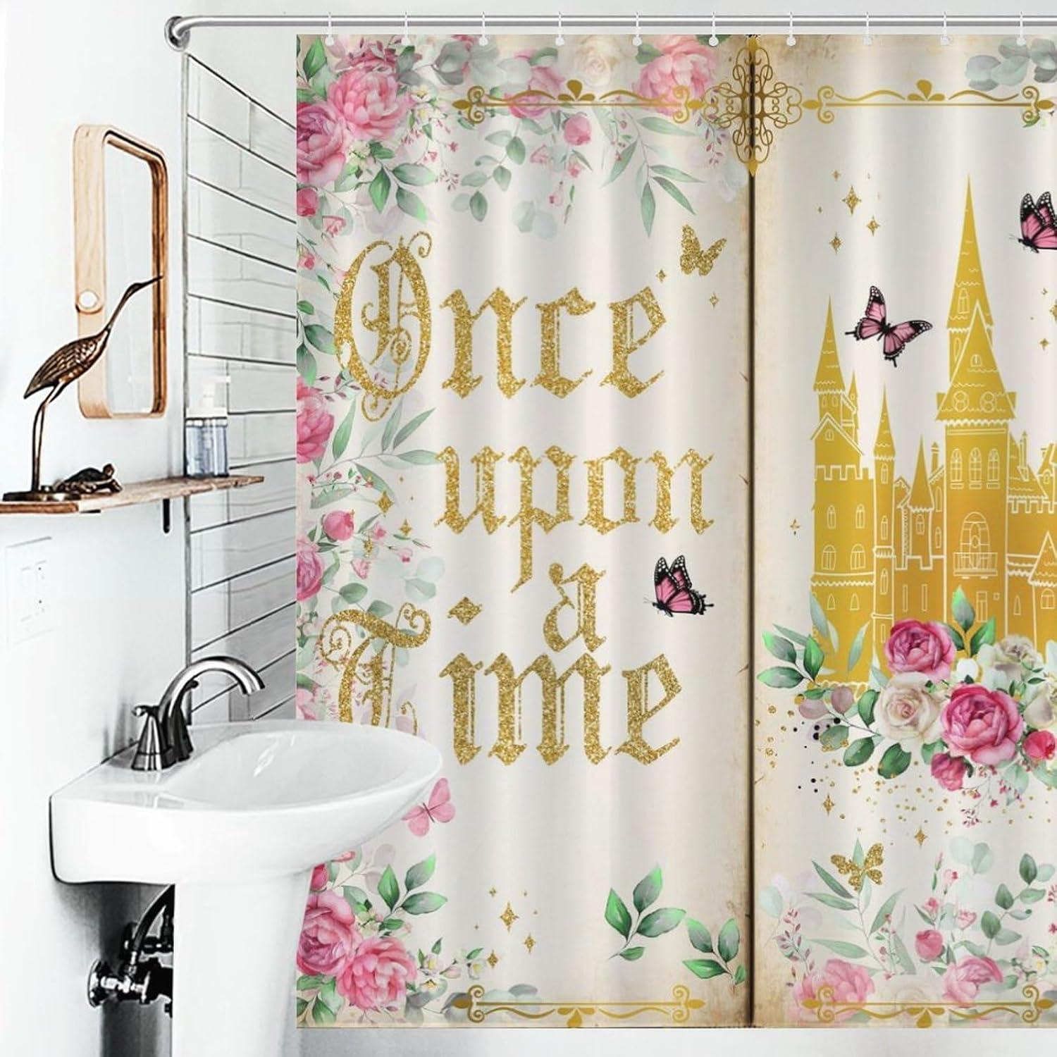Princess Shower Curtain for Girl Kids Bathroom, Once Upon a Time Magic Gold Castle Romantic Pink Watercoror Floral Fairy Dreaming Waterproof Fabric for Shower Curtain Set with Hooks, 72"x84" Inch