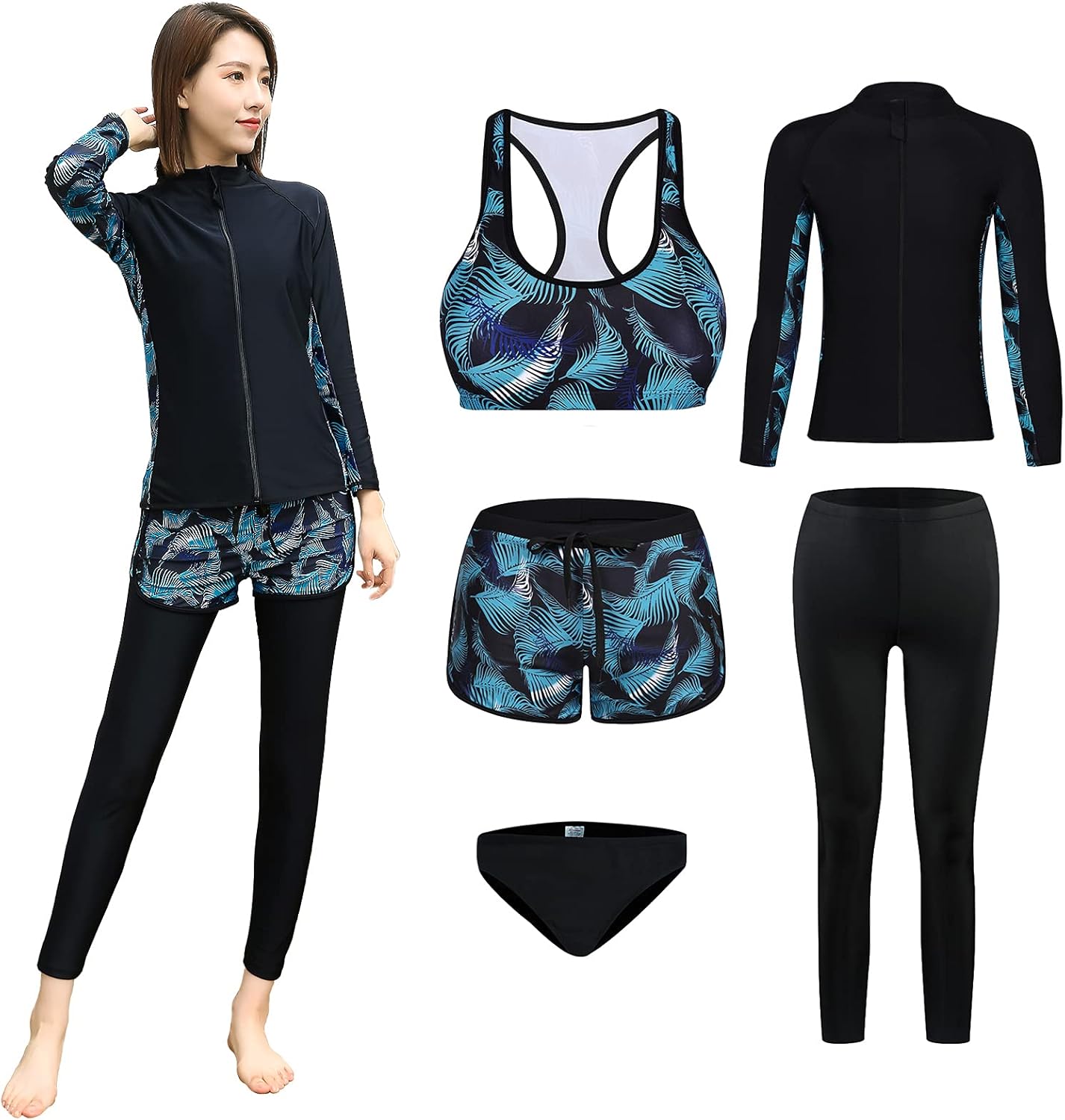 Eletop 水着 レディース ラッシュガード タンキニ 長袖 レギンス ショートパンツ ブラ ビギニショーツ ジッパー フィットネス 体型カバー 豪華五点セット Uvカット Upf50 吸汗速乾 年末年始大決算 Eletop 水着 レディース ラッシュガード タンキニ 長袖 レギンス ショートパンツ ブラ ビギニショーツ ジッパー フィットネス 体型カバー 豪華五点セット Uvカット Upf50 吸汗速乾 年末年始大決算