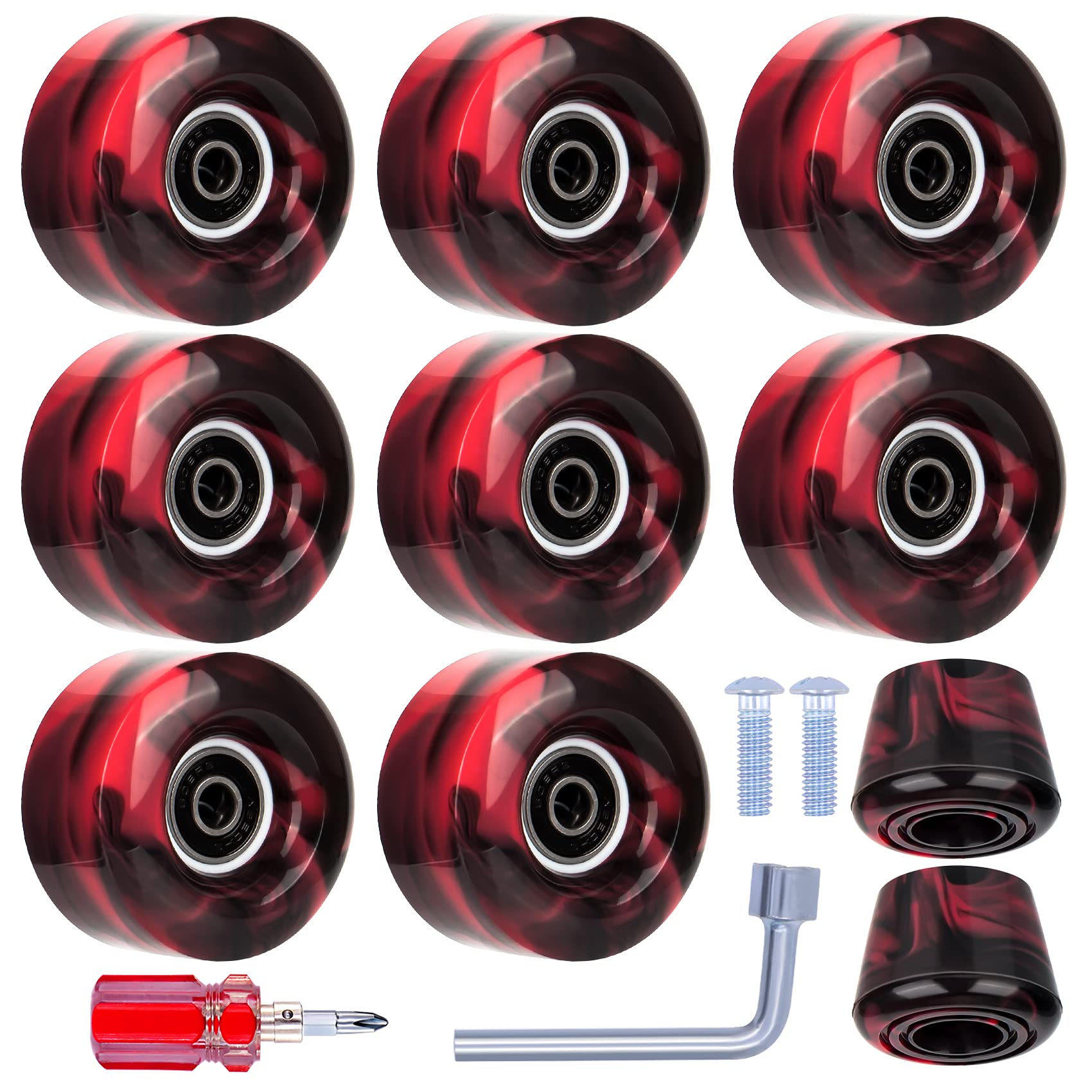 Tanzfrosch 8 Pack Roller Skate Wheels with Bearings Installed and 2 Toe Stoppers for Double Row Skating, Quad Skates and Skateboard Outdoor or Indoor Use, 32mm x 58mm 82A (Black & Red)