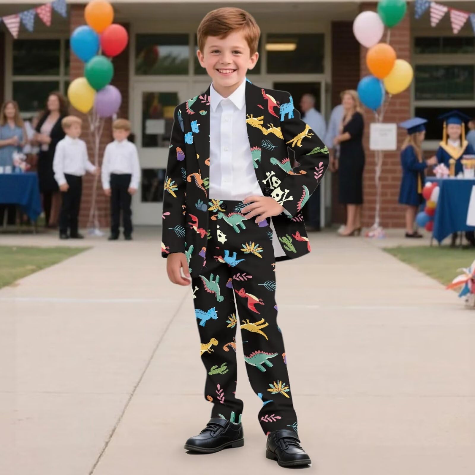 Biyejit 2-teiliges Anzug-Set für Jungen, mit einem Knopf, Blazer und Hose, lässige Smokingjacke, Alter 5–14 Jahre, Dinosaurier, 9-10 Jahre