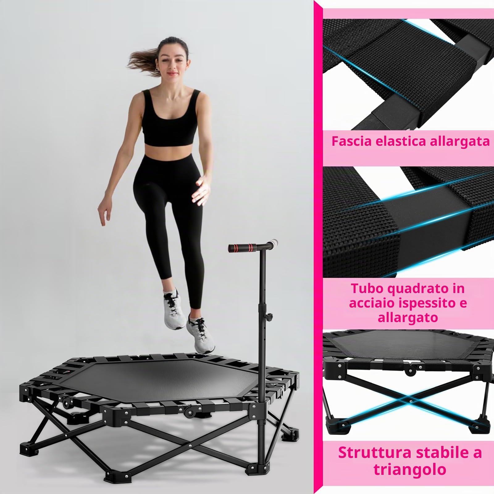 Mini Trampolino Fitness per Adulti, Trampolino Pieghevole da Interno All'aperto con Maniglia Regolabile, Ideale per Saltare e Allenarsi, Non Richiede Installazione, Carico Massimo 330 lb