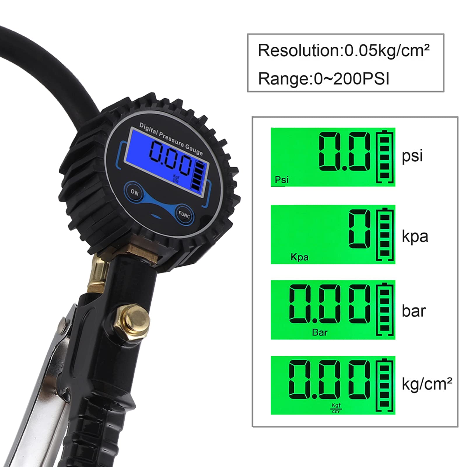 Manometro Digitale per Pneumatici, Preciso Manometro Digitale Auto Camion Moto Bicicletta con Valvola di Sfiato, 200 PSI, 4 Unità di Misura, Acciaio Inossidabile e Ottone for Veicoli e Biciclette