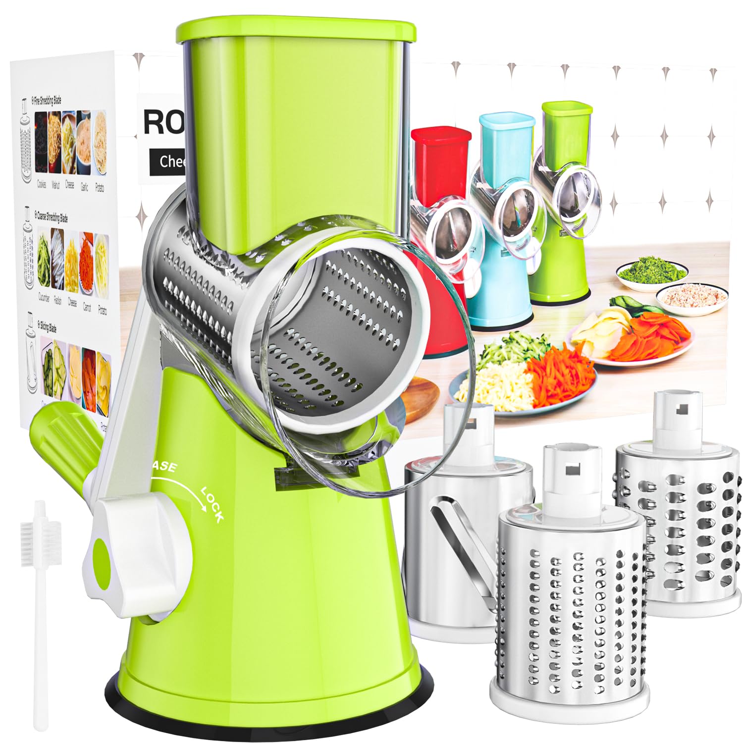 Cambom Rotary Cheese Grater Hand Crank Cheese Shredder for Fresh Cheese, Vegetable, Nuts,Non-slip Suction Base，Three Blades,Green