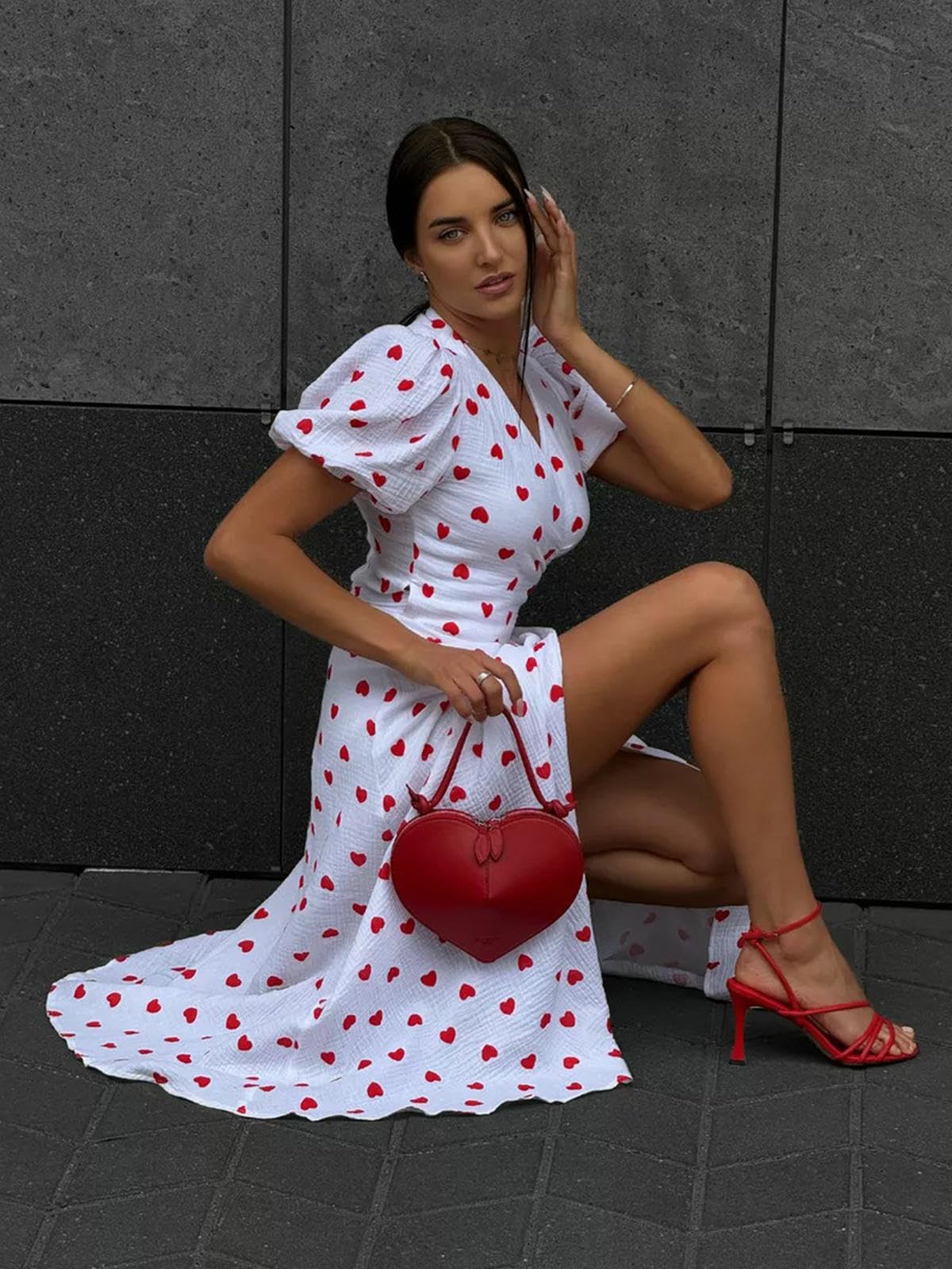 Robe Femme Maxi À Col en V Floral pour Femmes Manches Bouffantes-l'impression d'amour sur Fond Blanc-l