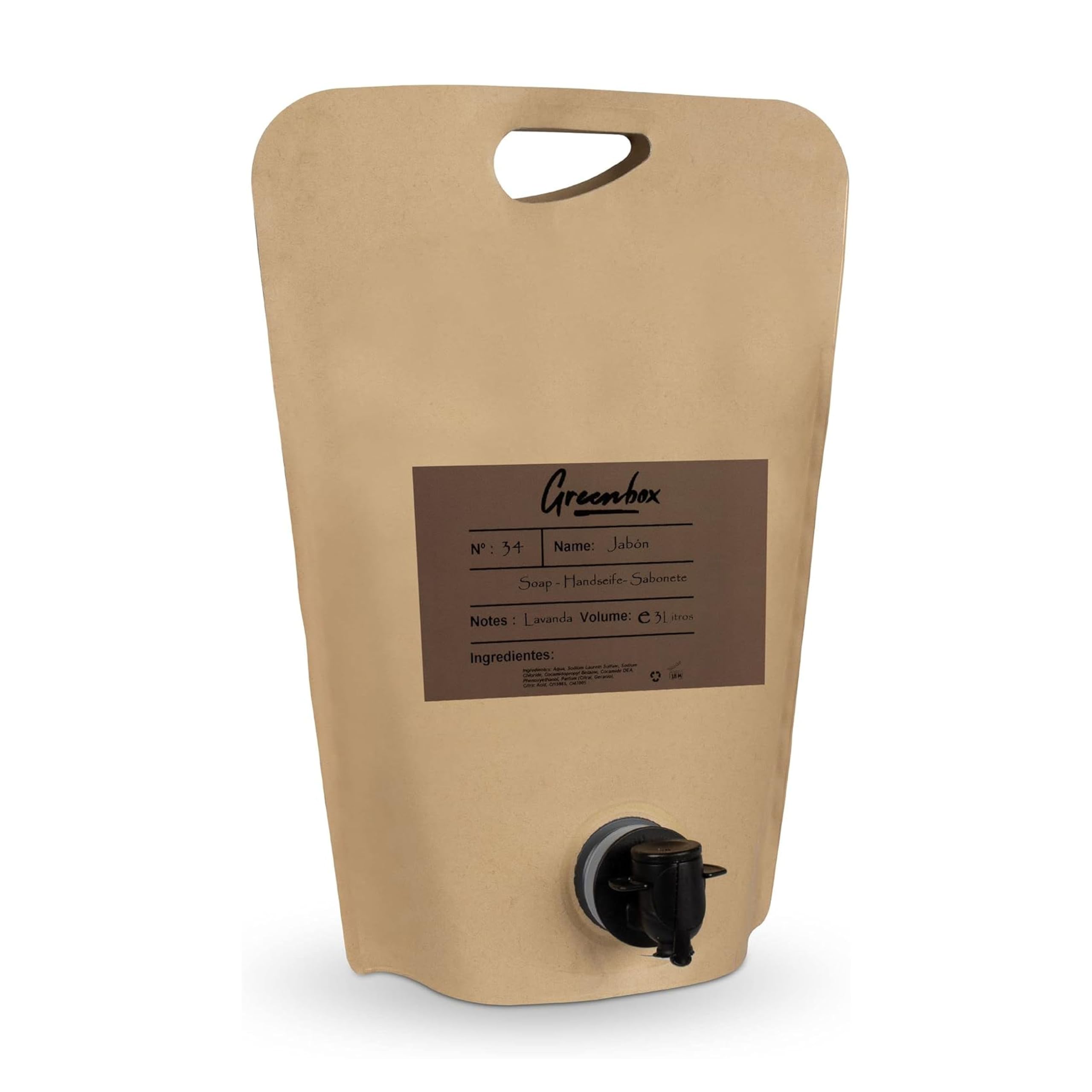Ricarica sapone mani in "bag in box" BIO - sapone mani idratante 3L. Imballaggio ecologico e maniglia per il trasporto. Risparmia denaro e aiuta l'ambiente.