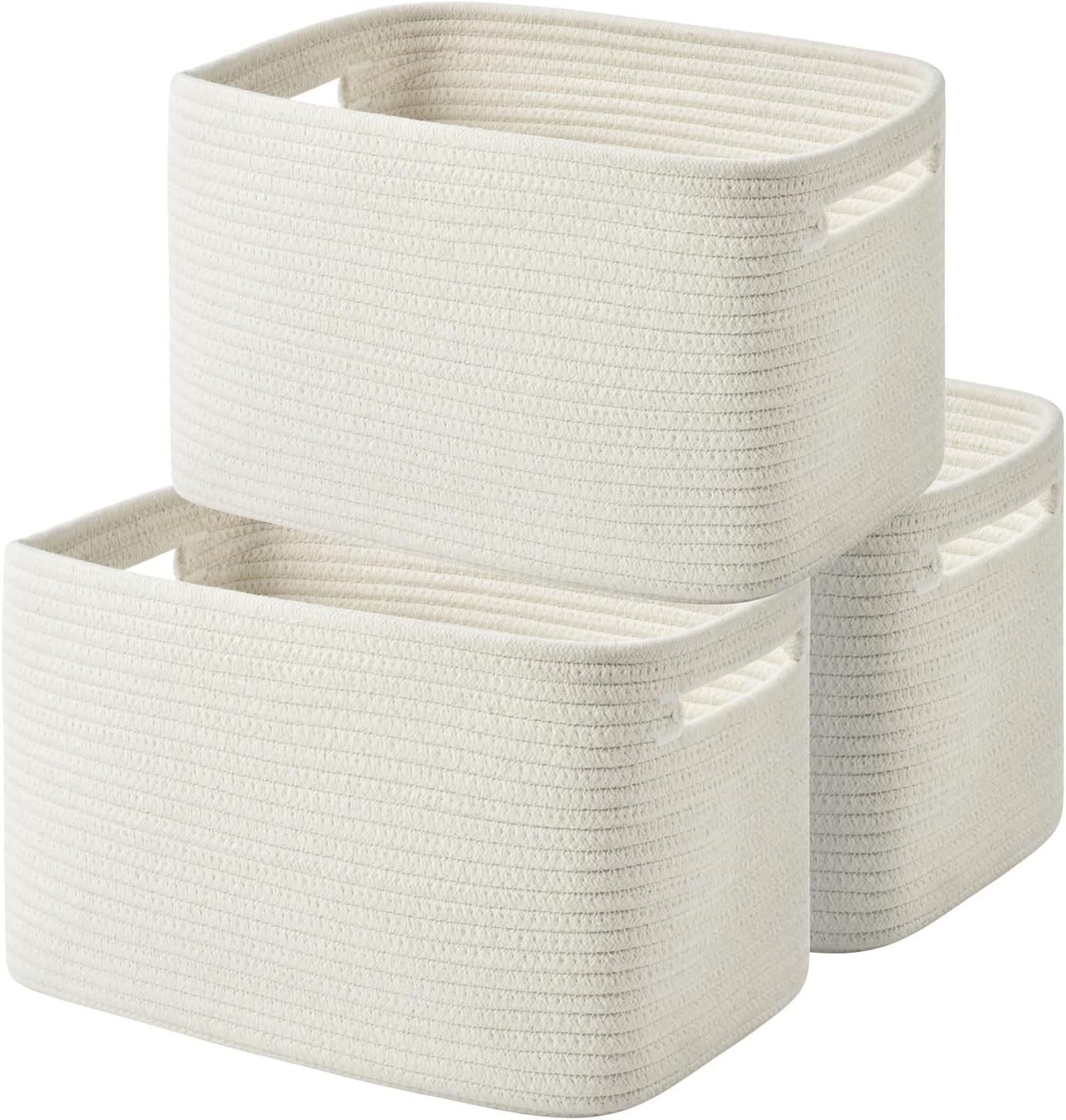 Storage Basket – Woven Cotton Rope Baskets for Organizing, Decorating Shelves, Books, Towels, Toys – 3 Pack – White