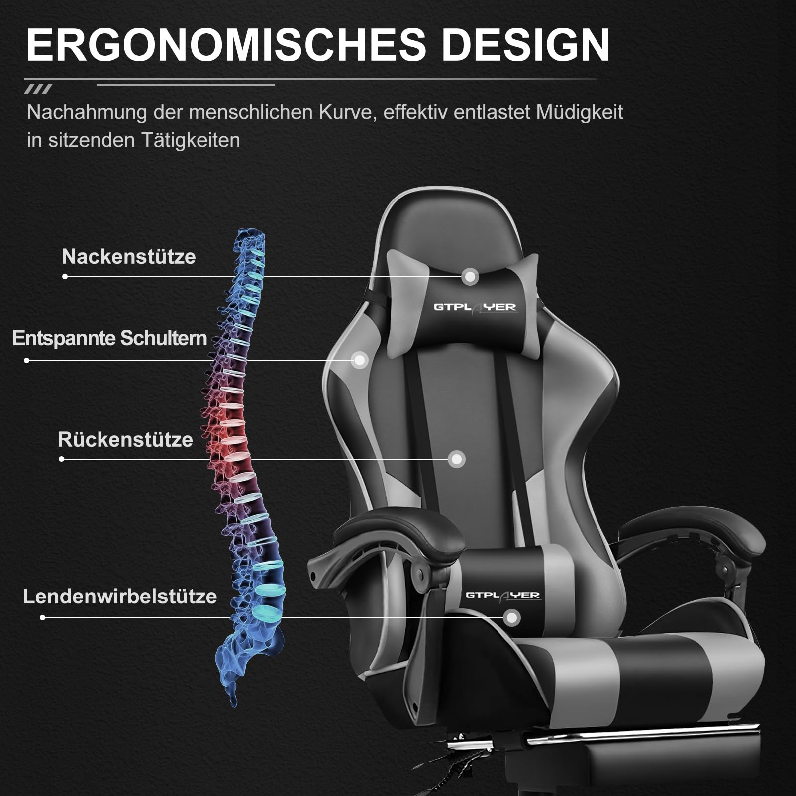 GTPLAYER Sedia da ufficio, da gaming, da gaming, ergonomica, con poggiapiedi, poggiatesta, cuscino lombare, imbottito, sedia girevole grigia