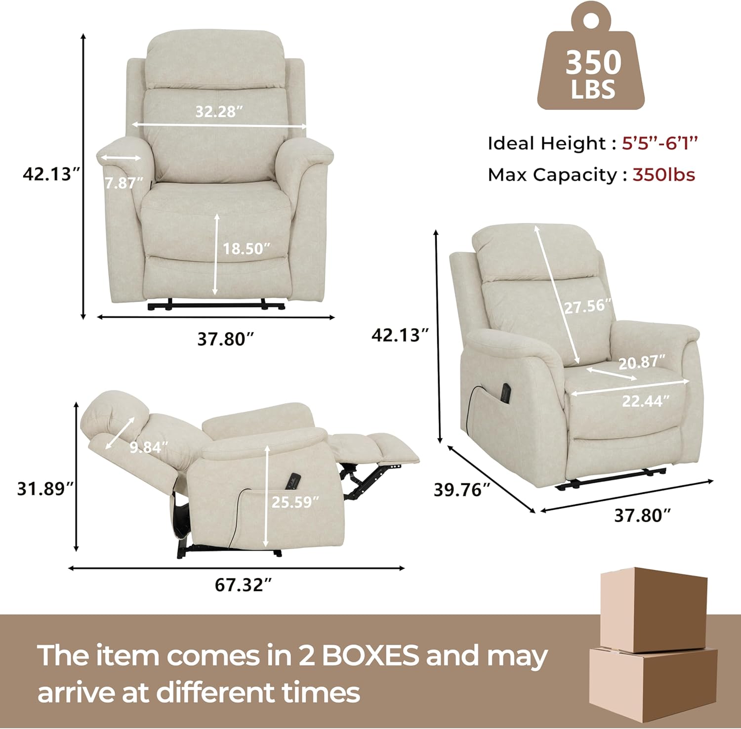 Massage Recliner Chair for Elderly, Padded Fabric Manual Recliner with 8 Vibration Nodes, Soft Overstuffed Single Sofa Chair for Bedroom and Living Room, Support up to 350 lbs (Cream)