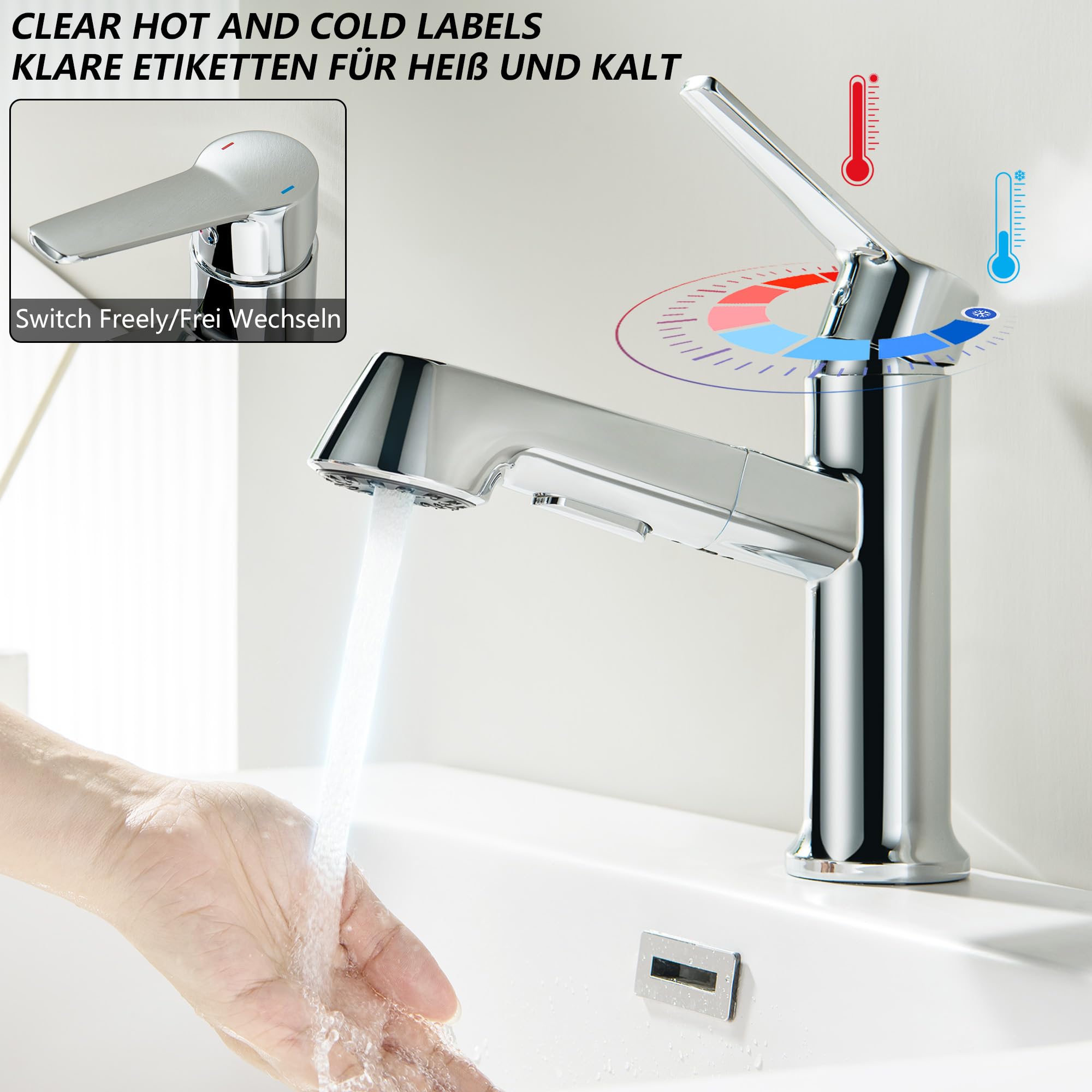Waschtischarmatur ausziehbar mit Brause, Moderne Wasserhahn Bad Armatur mit 2 Strahlarten, Badarmatur Waschbecken Einhebelmischer für Badezimmer, Chrom