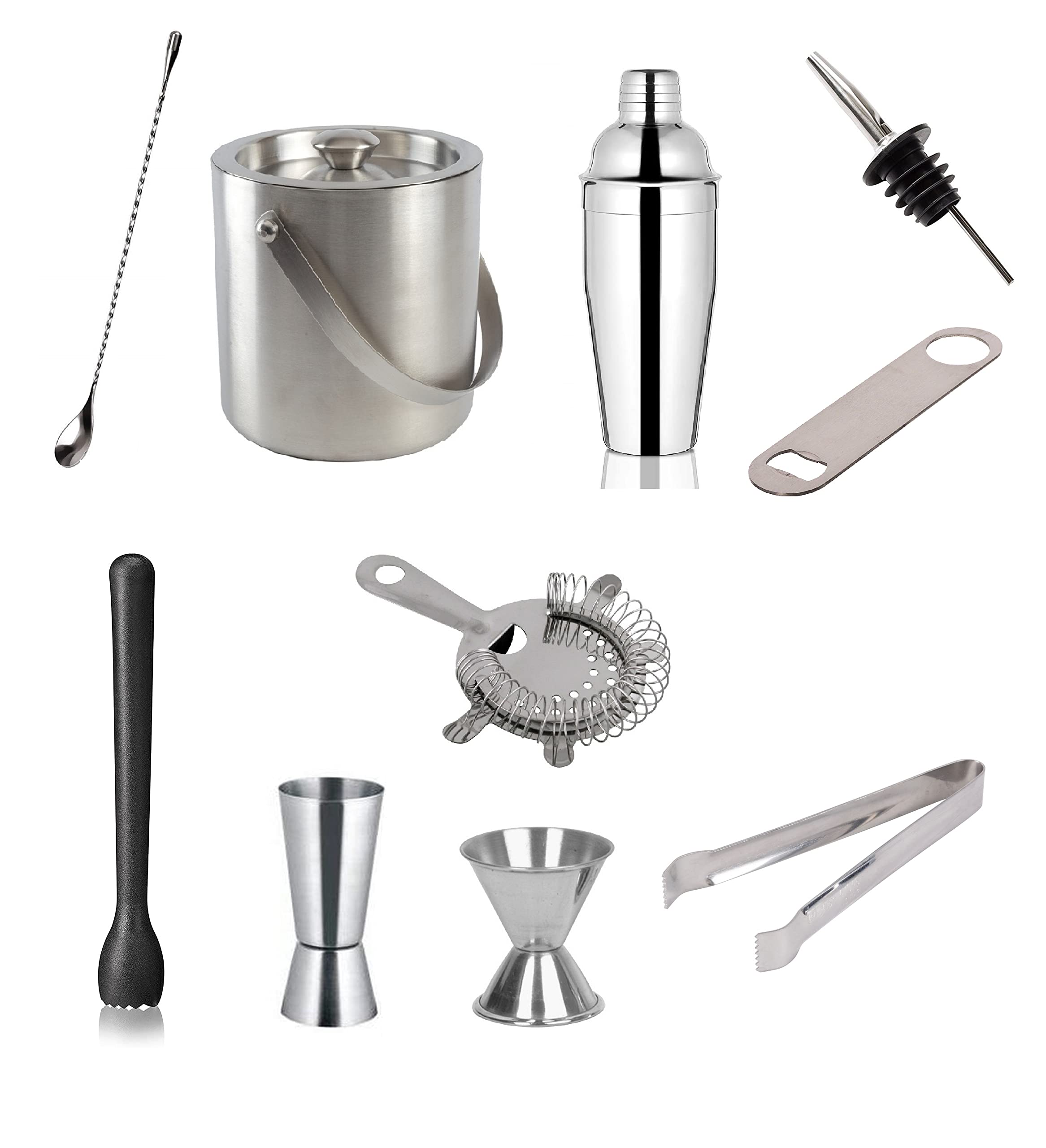 Dynore Stainless Steel 10 Pcs Bartender Martini Kit Set- Teardrop, Ice Bucket, Cocktail Shaker, Bottle Opener, Wine Pourer, Ice Tong,2 Peg Measure, PVC Muddler, Cocktail Strainer-image-10