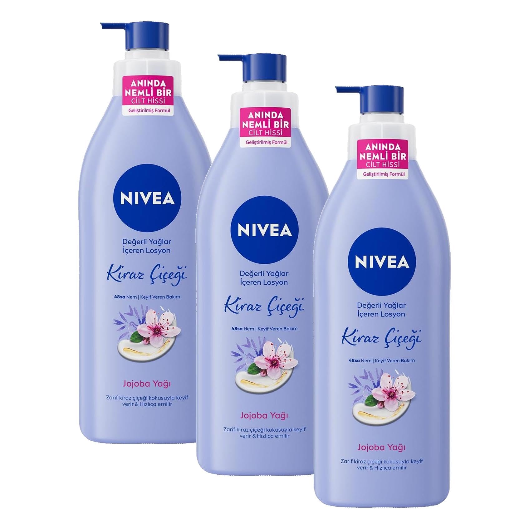 NIVEA Değerli Yağlar İçeren Vücut Losyonu Kiraz Çiçeği & Jojoba Yağı, 400 ml, Normal ve Kuru Ciltler için, 48 Saat Nemlendirme, Hızlı Emilen Losyon (3 paketi)