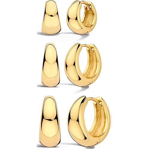 Small Gold Hoop Earrings Set for Women,14K Gold Plated Hypoallergenic Lightweight Thick Chunky Gold Hoops Huggie Earrings for Women Trendy Jewelry