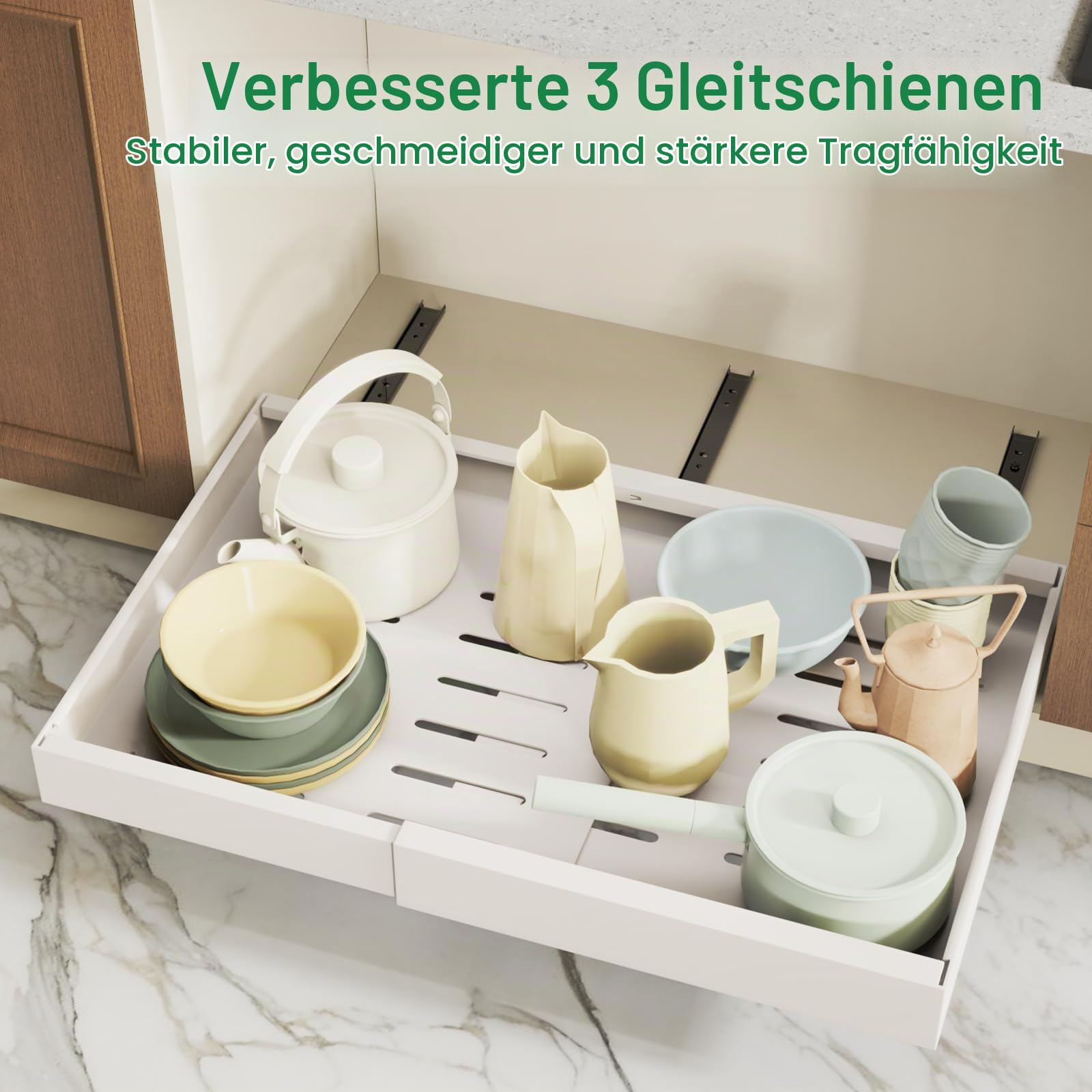 2 Stück erweiterbar ausziehbare schublade küche mit Kleber, Tiefe 42cm schrank organizer, Slide Out teleskopschublade Cabinet für Küche Organisation Einstellbare Breite 32-52cm, Weiß