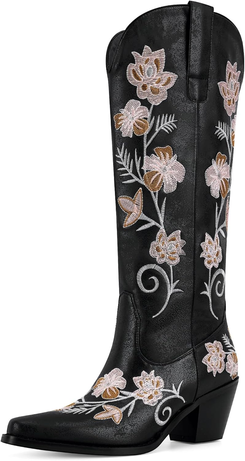 Cowboy Boots for Women Knee High Cowgirl Western Boots Pointed Toe Chunky Block Heel Retro Vintage Floral Embroidered Pull-On Tabs Tall Boot
