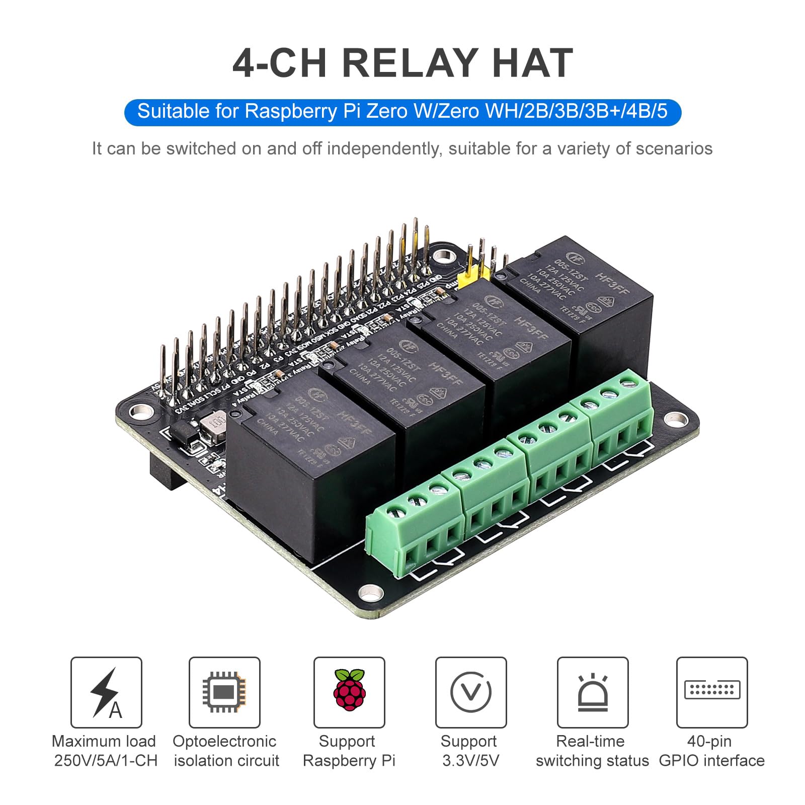 Cappellino relè a 4 canali per computer a scheda singola Raspberry Pi | Isolamento dell'accoppiatore ottico, doppia alimentazione 3.3V/5V, 4 canali indipendenti, codici demo Python/C