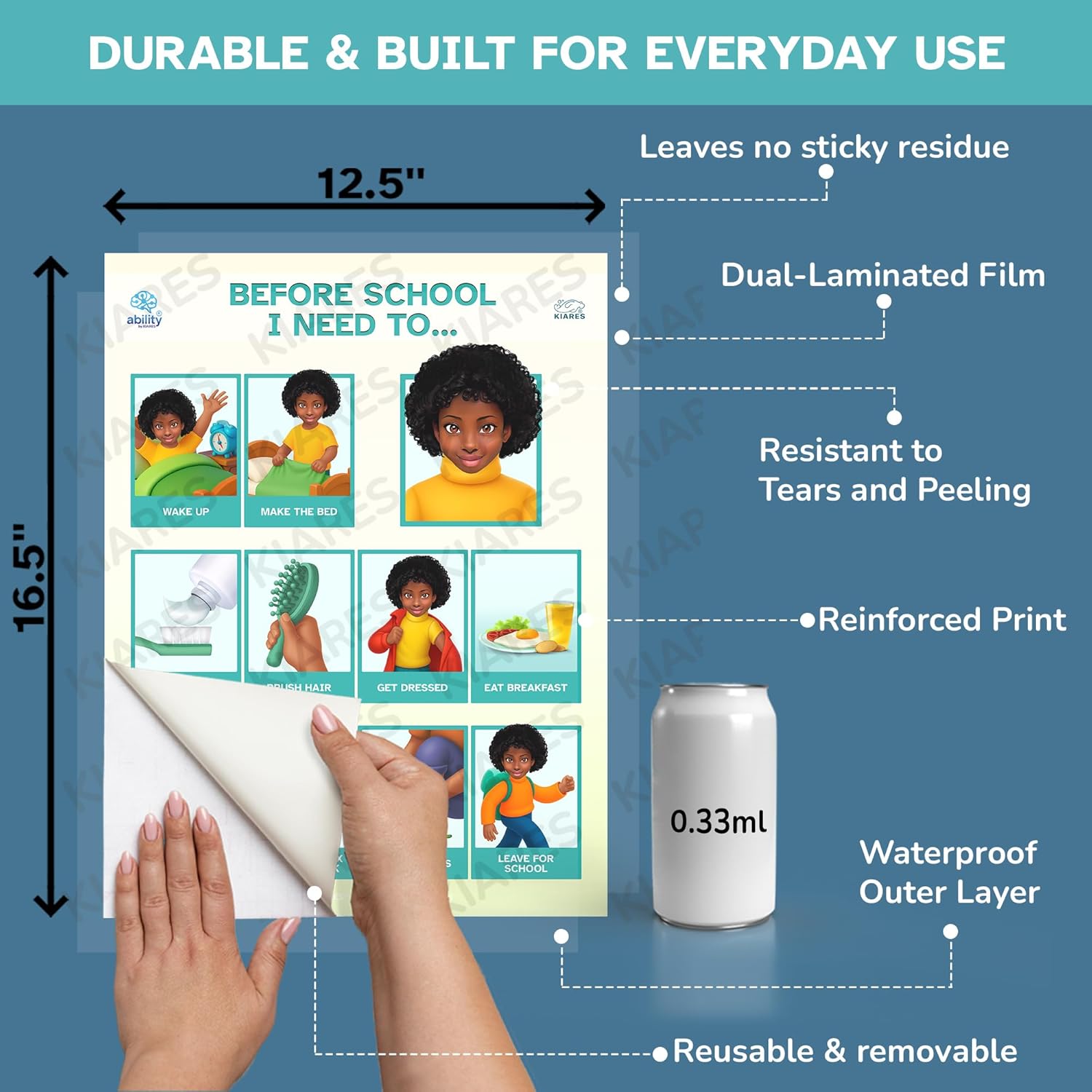 KIARES Morning Routine Chart for Kids, Helping Kids Get Dressed, Daily Sticker Poster For Toddlers, Created by an Occupational Therapist (African American Girl)