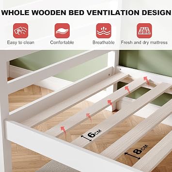 Bunk Bed with Ladder, Solid Pine Wood Bed Frame, Single 3 Foot Bed Set, Sleeper Bed For Kids Children Home, White