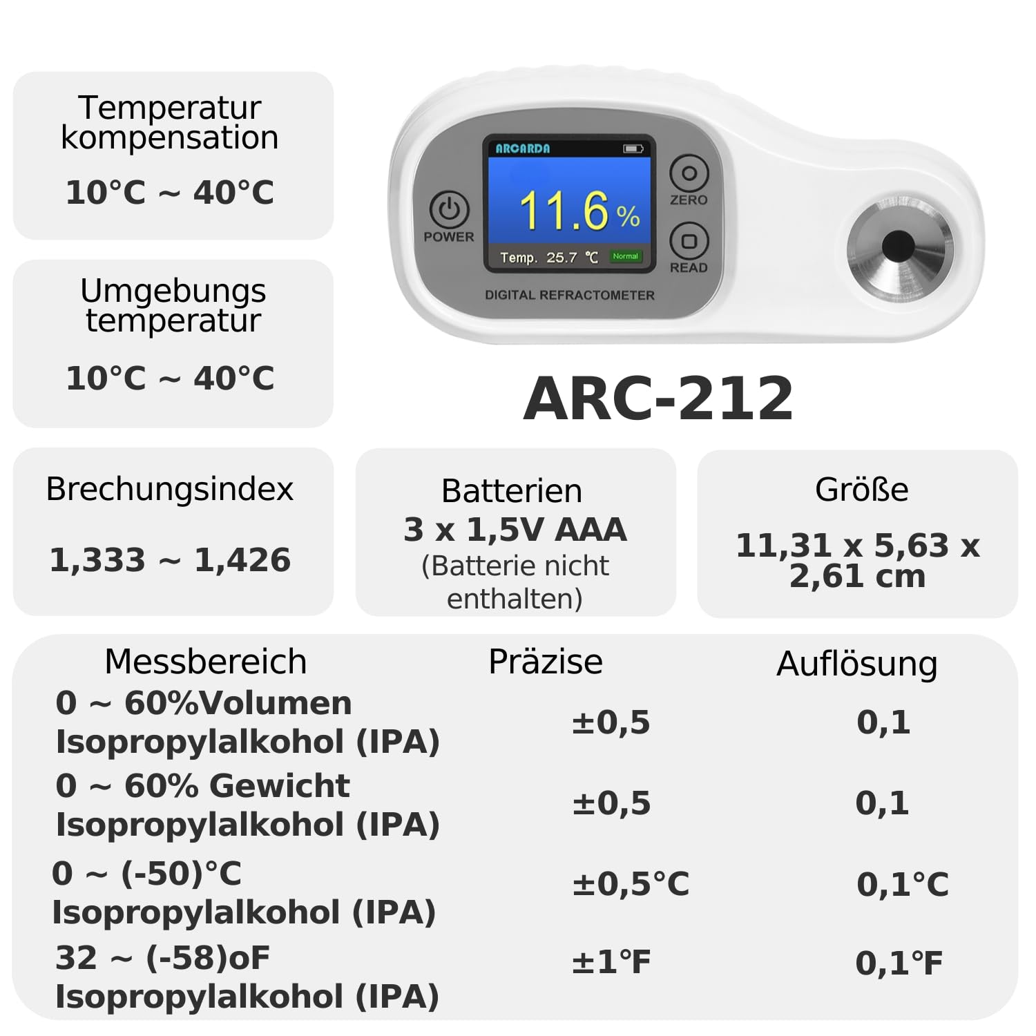 Digitales Refraktometer ATC Refractometer Isopropylalkohol (IPA) 0–60% Volumen, 0–60% Gewicht, Isopropylalkohol (IPA) Gefrierpunkt 0 ~ (-50) °C, 32 ~ (-58) °F
