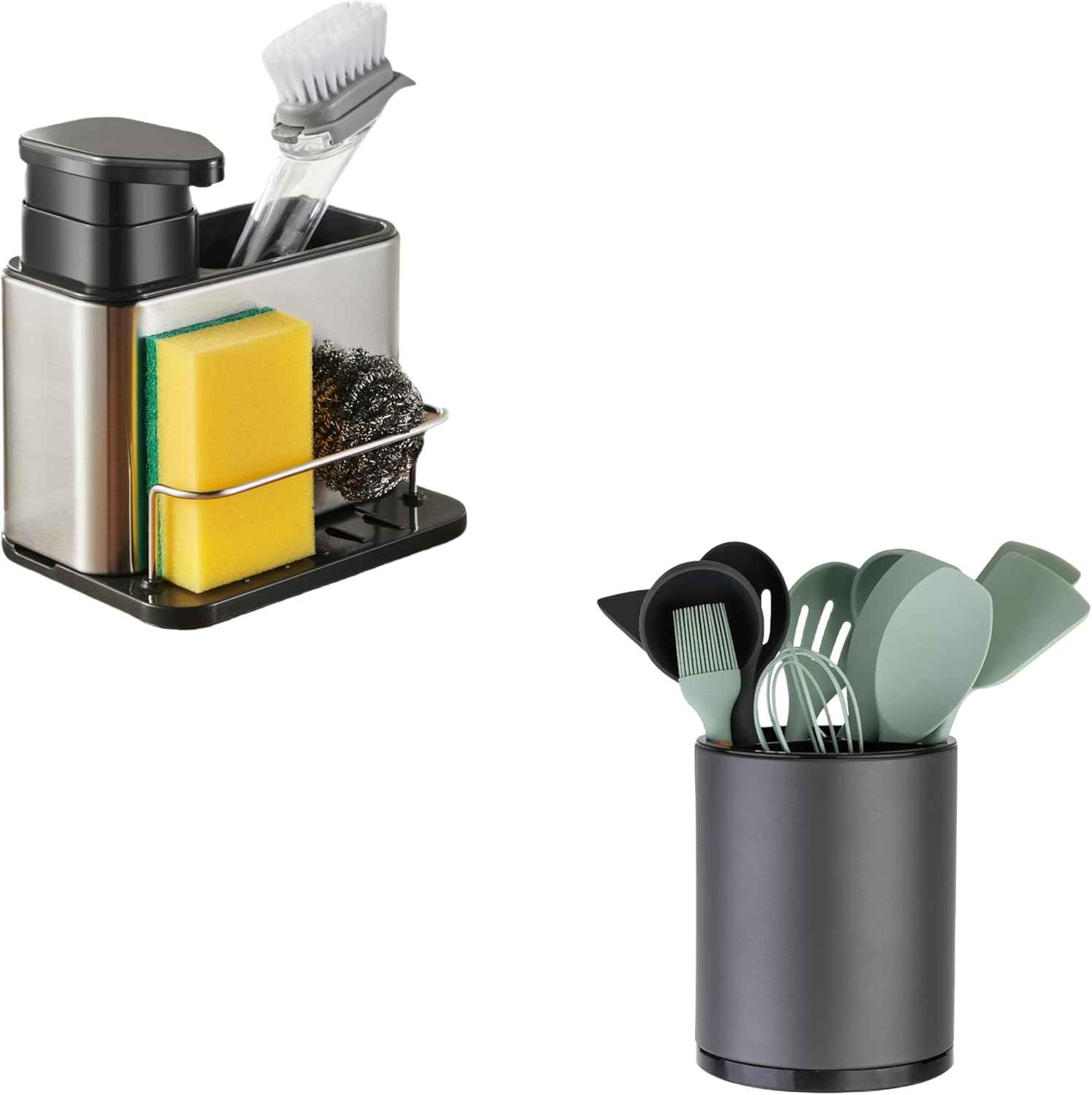 Kitchen Utensil Holder Extra Large 360°Rotating For Counter Organizer Stainless Steel Cooking 3-in-1 Sponge Holder for Kitchen Sink Organizer Sink Caddy