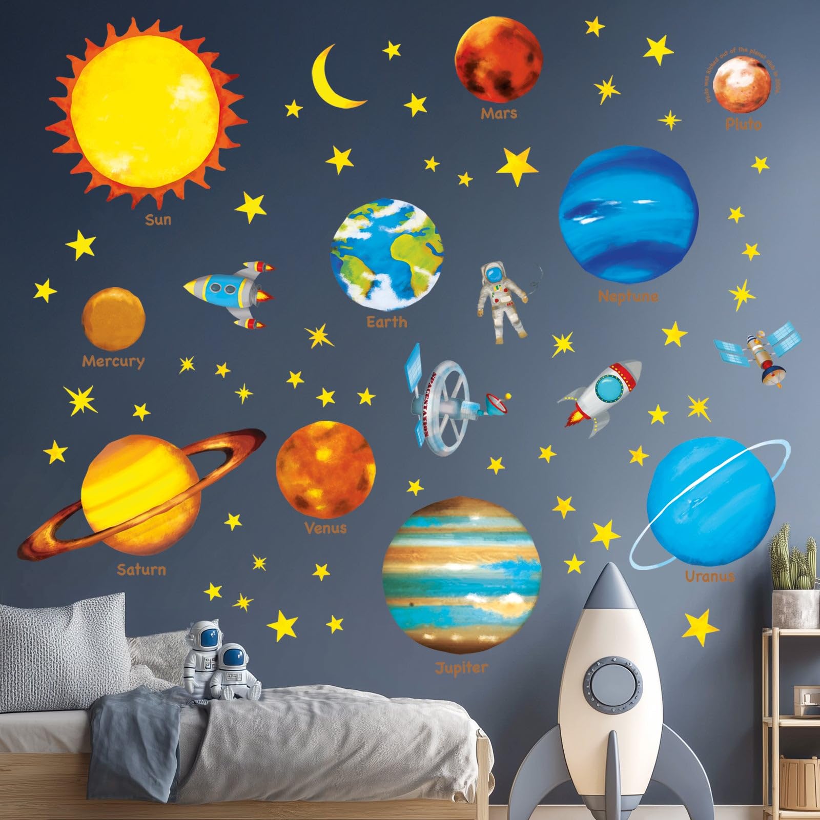 DECOWALL Pegatinas de Pared del Sistema Solar y Planetas para Niños, Adhesivos Decorativos Educativos del Espacio con Nombres en Inglés para Habitación Infantil y Sala de Juegos (DS8-1307)