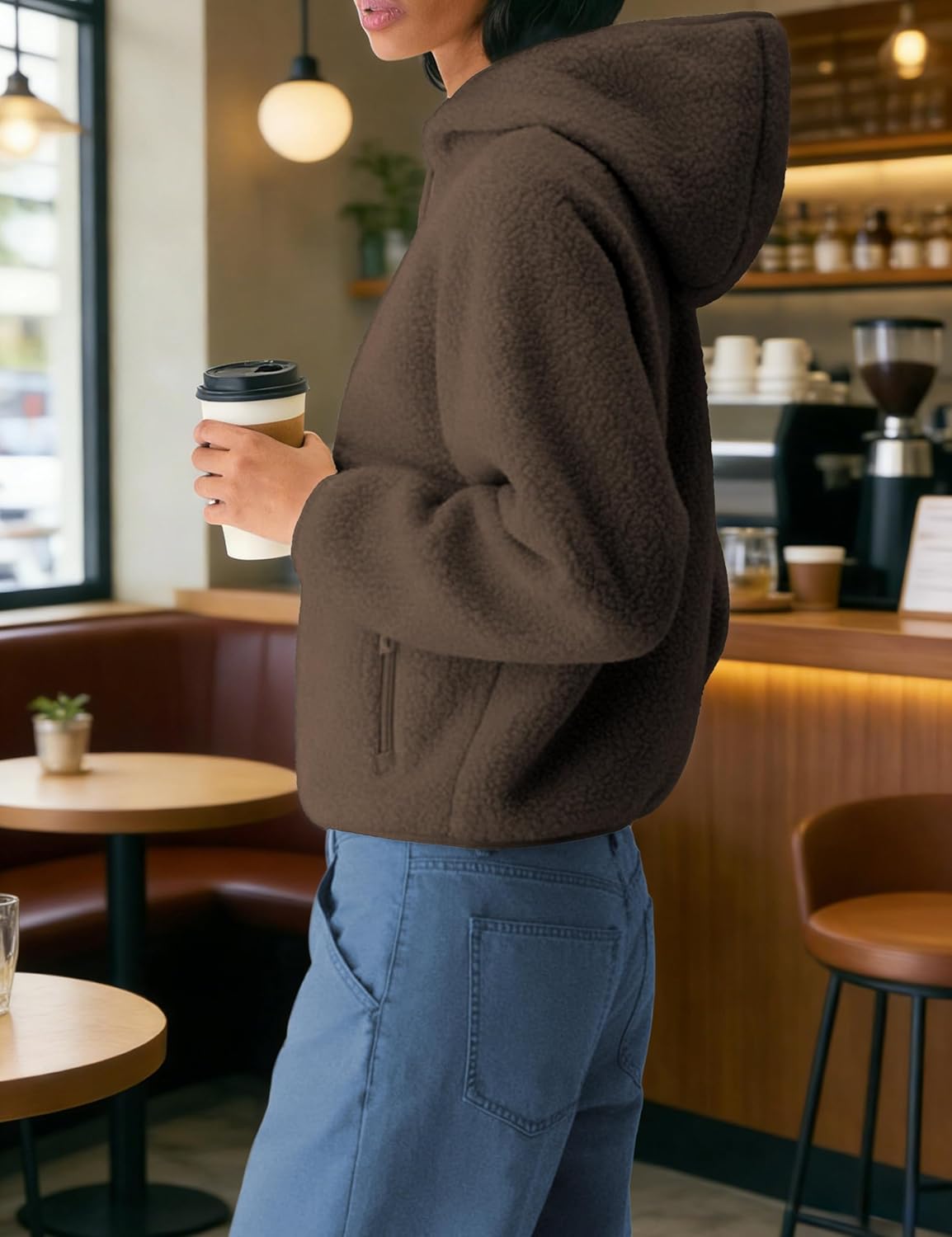 Women's Hoodie Half Zip Sherpa Fleece Pullover Lightweight Cropped Jacket with Zipper Pockets - Image 2