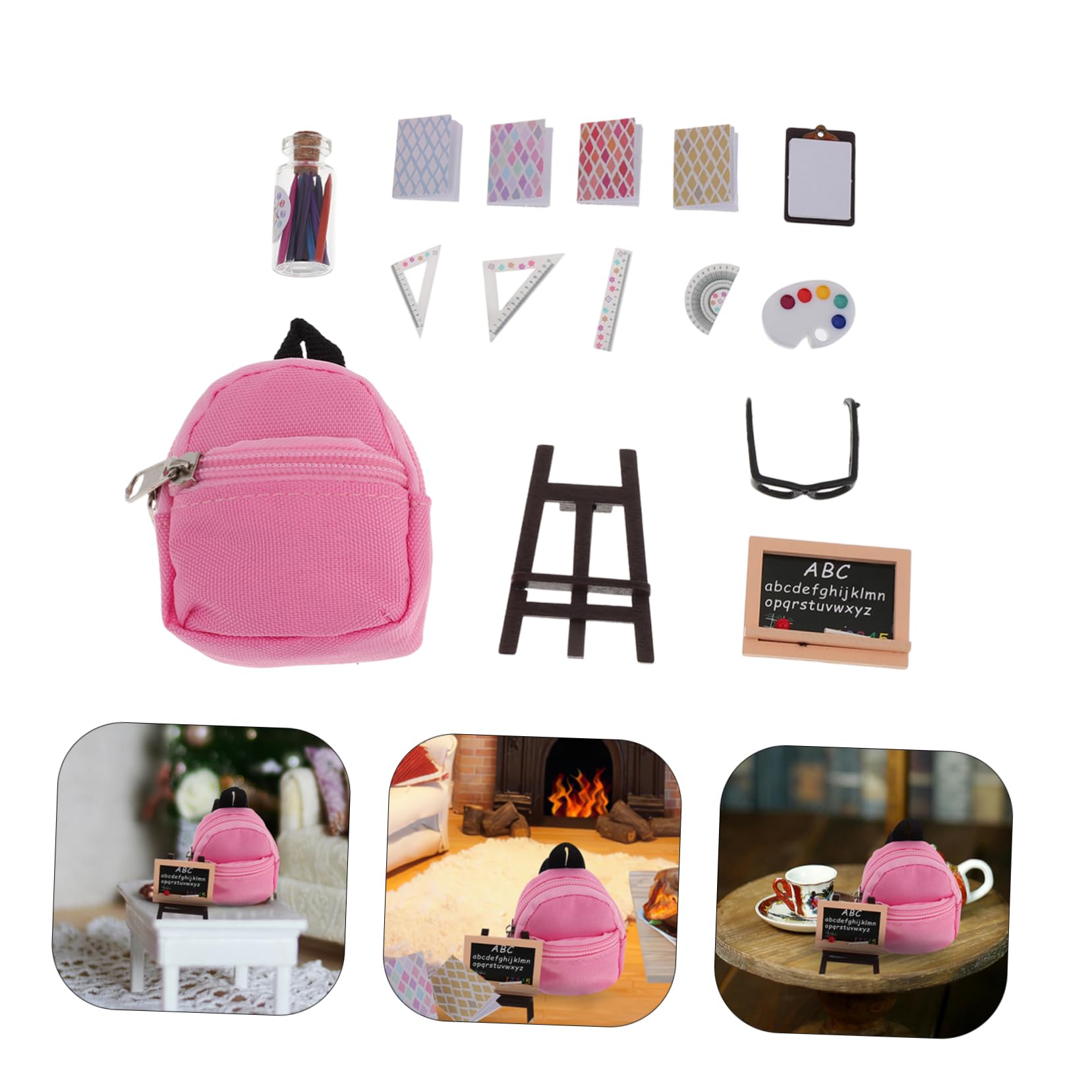 16piezas Accesorios De Escuela Miniatura para Muñecas Kit De Suministros Escolares Mochila Gafas y Material De Escritura para Casa De Muñecas y Juguetes